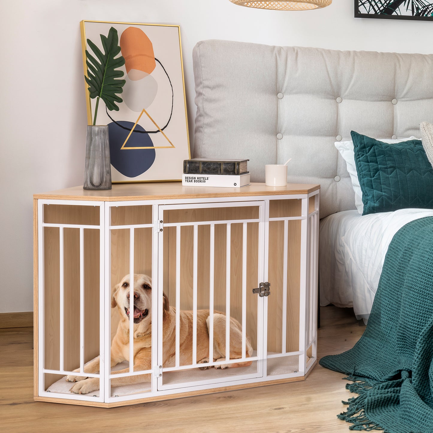 Corner Dog Crate with Cushion, Wood and Mesh Dog Kennel: Indoor Pet Crate for Comfortable and Secure Resting Space