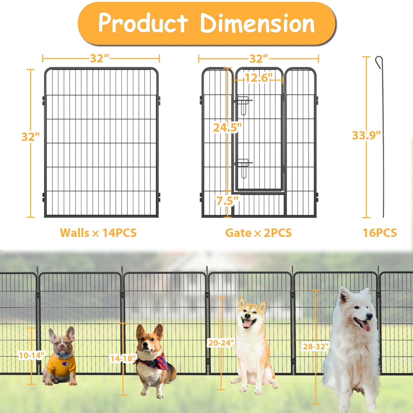 32" Height Foldable Dog Playpen with 16 Panels - Heavy Duty Metal Portable Dog Fence with Doors for Large/Medium/Small Pets. Anti-Rust Exercise Dog Pen for RV Camping Yard - Indoor/Outdoor Use.