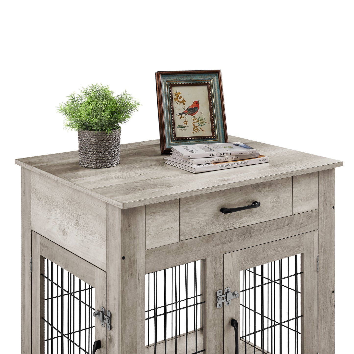 Furniture Style Dog Crate End Table with Drawer, Pet Kennels - Double Doors, Indoor Dog House - Grey, 29.9'' W x 24.8'' D x 30.71'' H