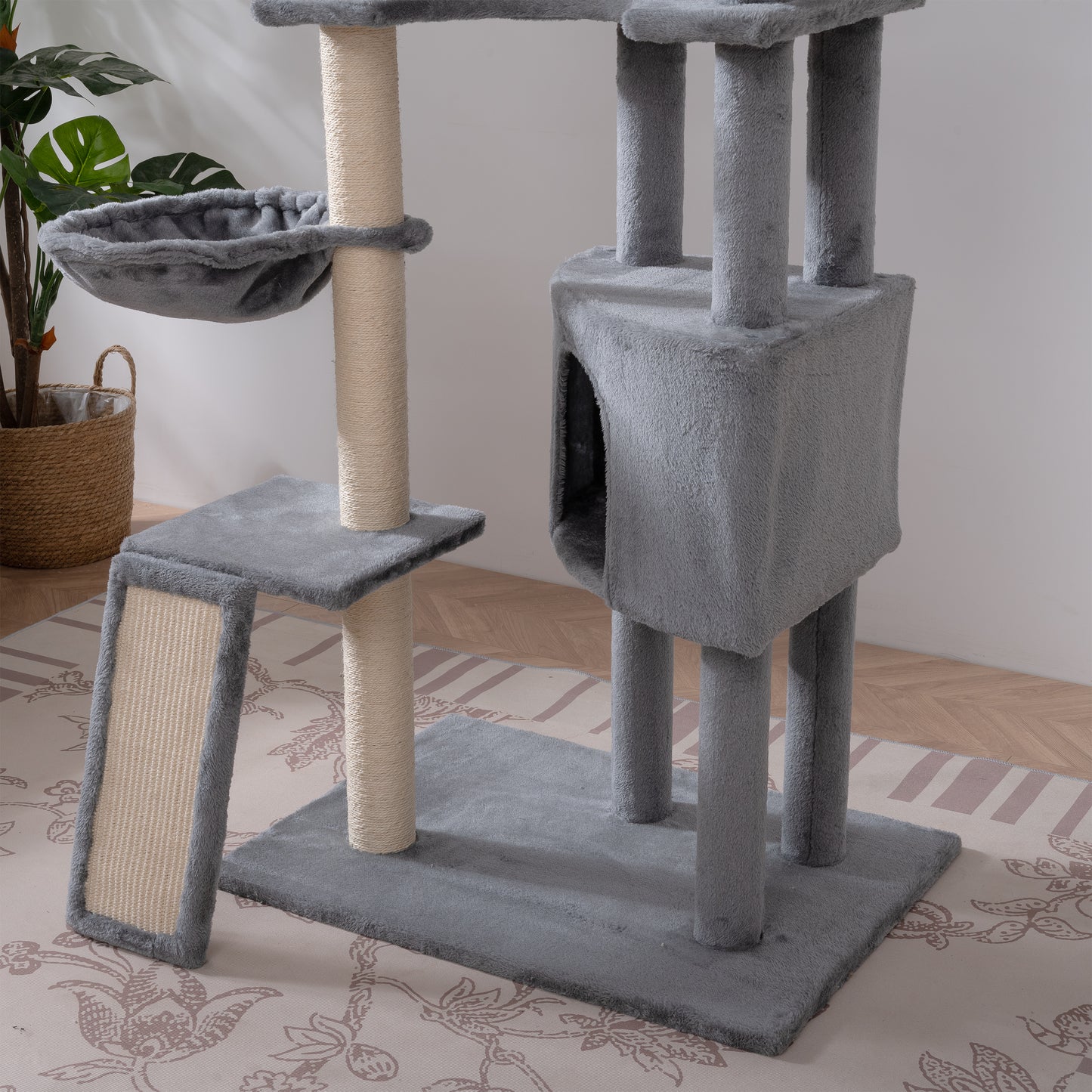 105-Inch Cat Tower for Indoor Cats, Multi-Level Cat Condo with Perches, Caves, Basket, and Scratching Board - Gray Color