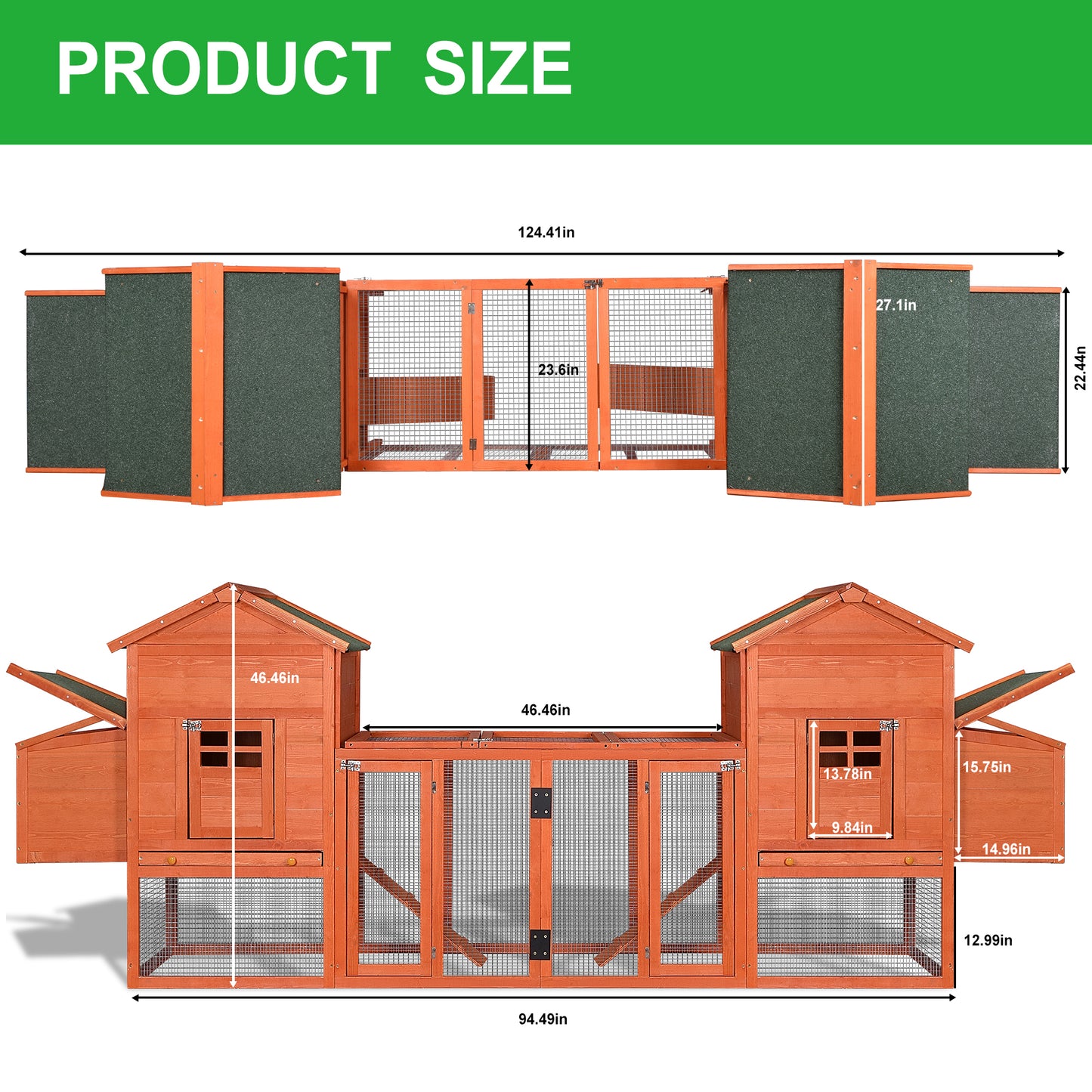 Outdoor Wooden Chicken Coop, 124" Large Hen Cage Rabbit House with Ventilation Door, Removable Ramp & Chicken Nesting Box - Ideal Bunny Hutch for Garden Backyard Pet House (Color: Natural Wood, Size: 124")