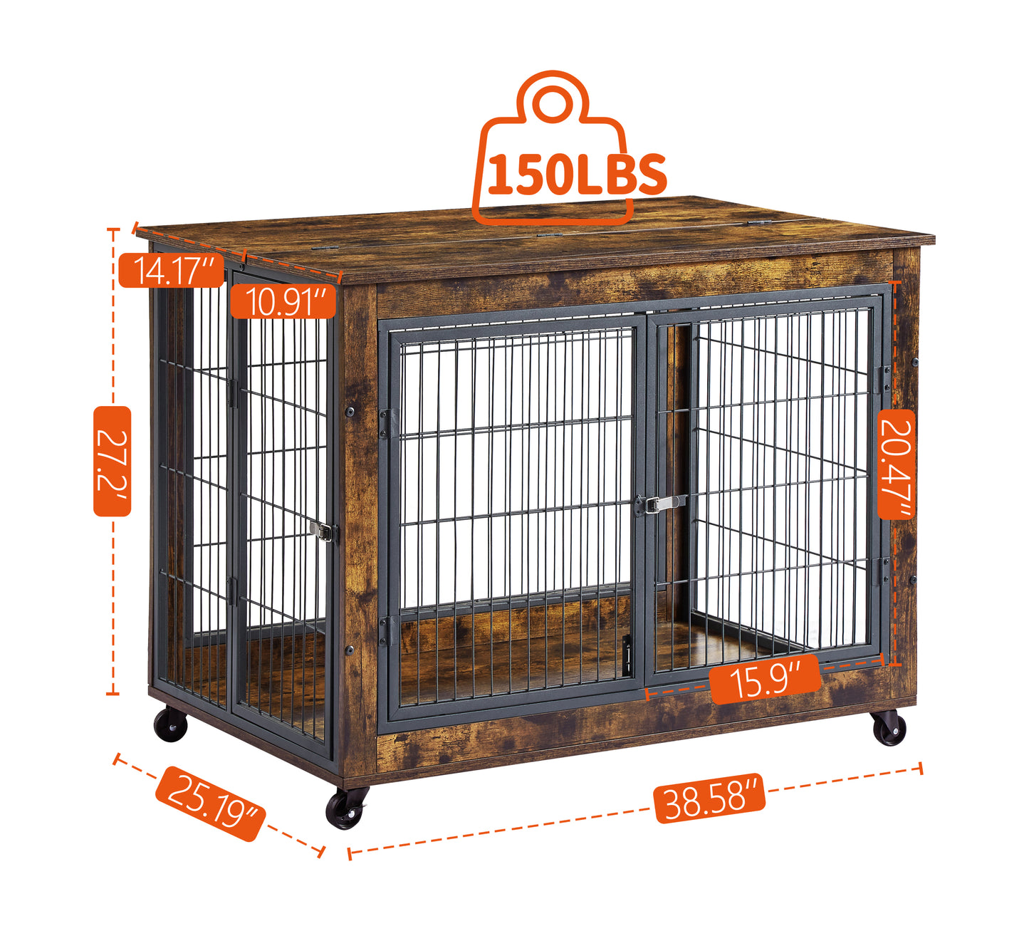 Furniture Dog Cage Crate with Double Doors, Rustic Brown, 38.58'' W x 25.2'' D x 27.17'' H - Spacious and Sturdy Dog Crate for Comfortable Confinement