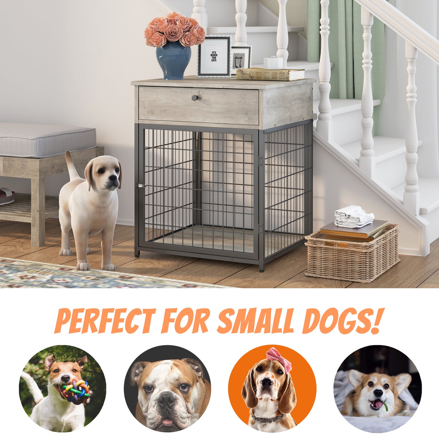 Furniture Style Wood Dog Crate End Table with Storage Console - Grey, 19.69'' W x 22.83'' D x 26.97'' H: Stylish and Functional Pet Crate with Ample Storage Space