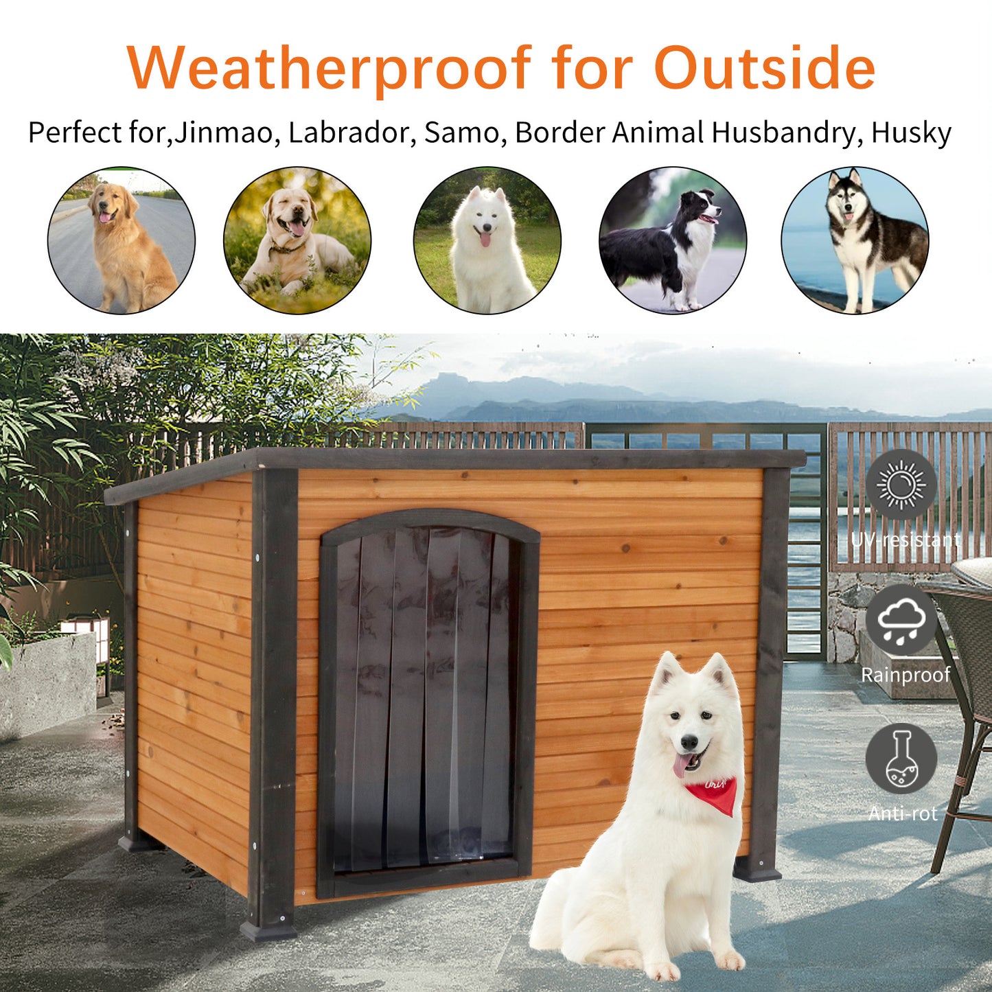 45" Winter Warm Outdoor Indoor Dog House - Solid Wood, Plastic Curtain, Insulation Mat - Keep Your Dog Cozy and Comfortable in All Seasons - Multiple Sizes and Colors Available