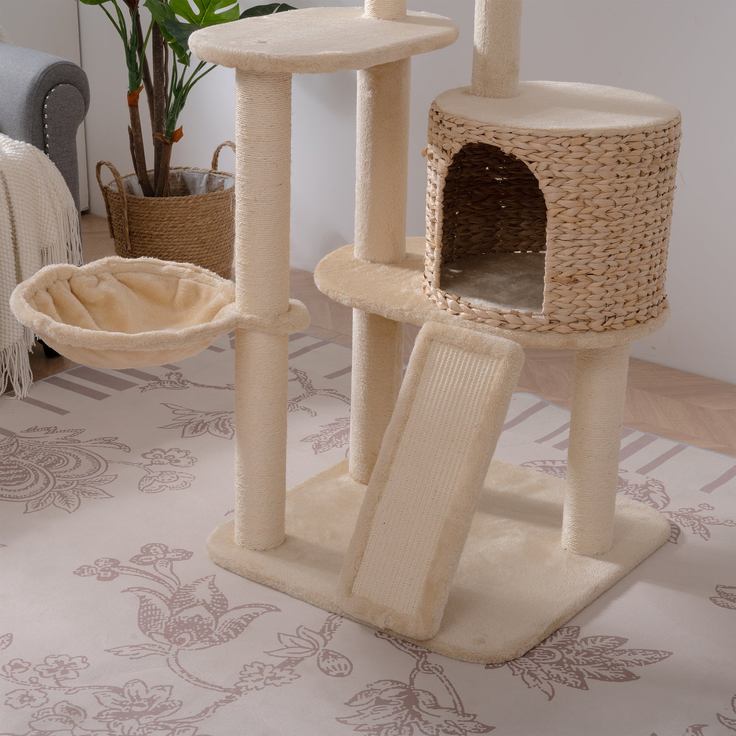 59-Inch Cat Tower for Indoor Cats, Plush Multi-Level Cat Condo with 2 Perches, 2 Caves, Cozy Basket and Scratching Board, Beige