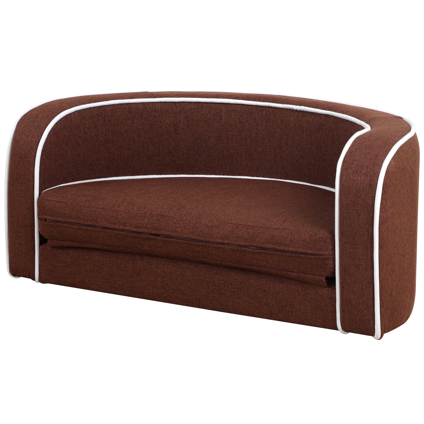 30" Brown Round Pet Sofa - Wooden Structure, Linen Goods, White Roller Lines on Edges - Curved Appearance with Cushion