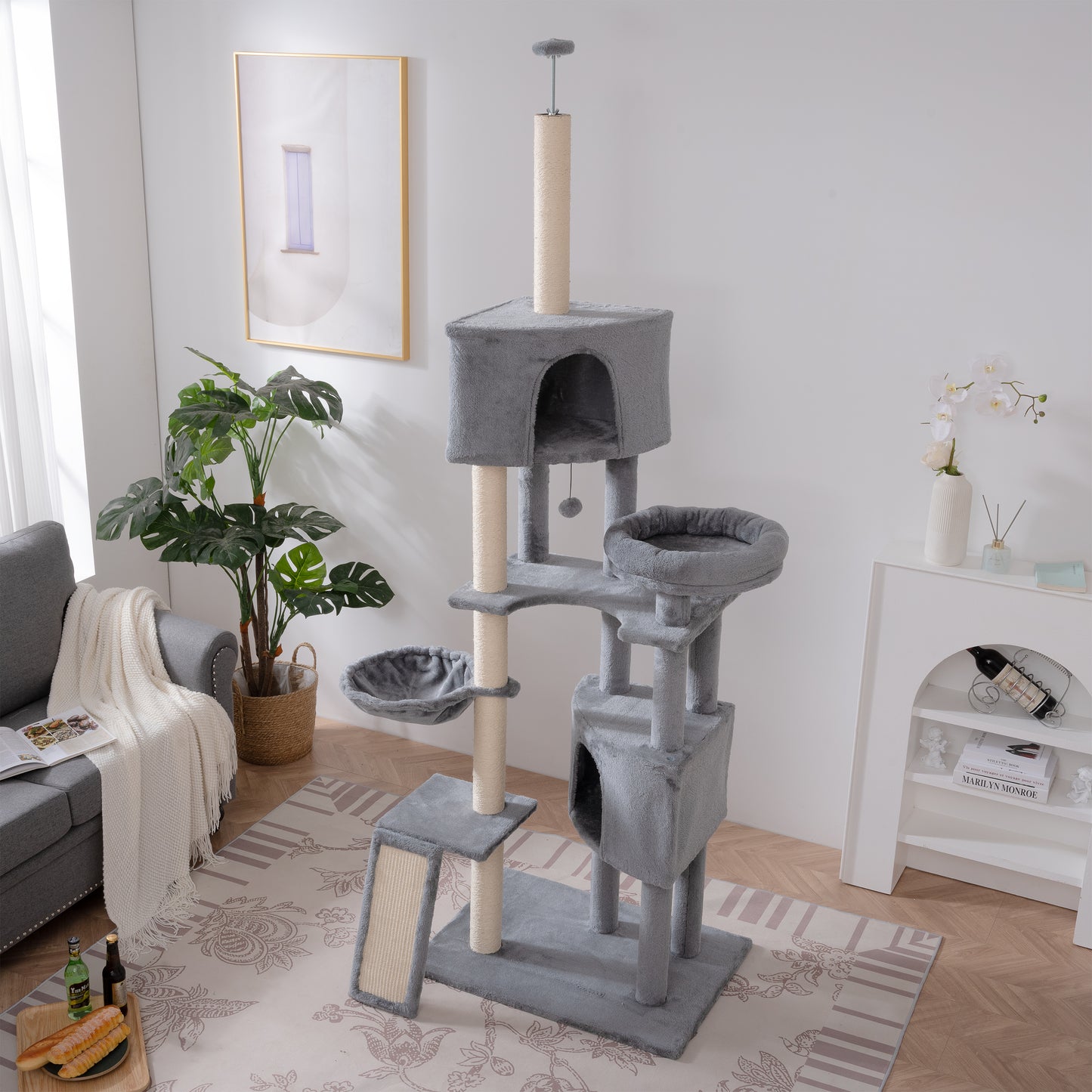 105-Inch Cat Tower for Indoor Cats, Multi-Level Cat Condo with Perches, Caves, Basket, and Scratching Board - Gray Color