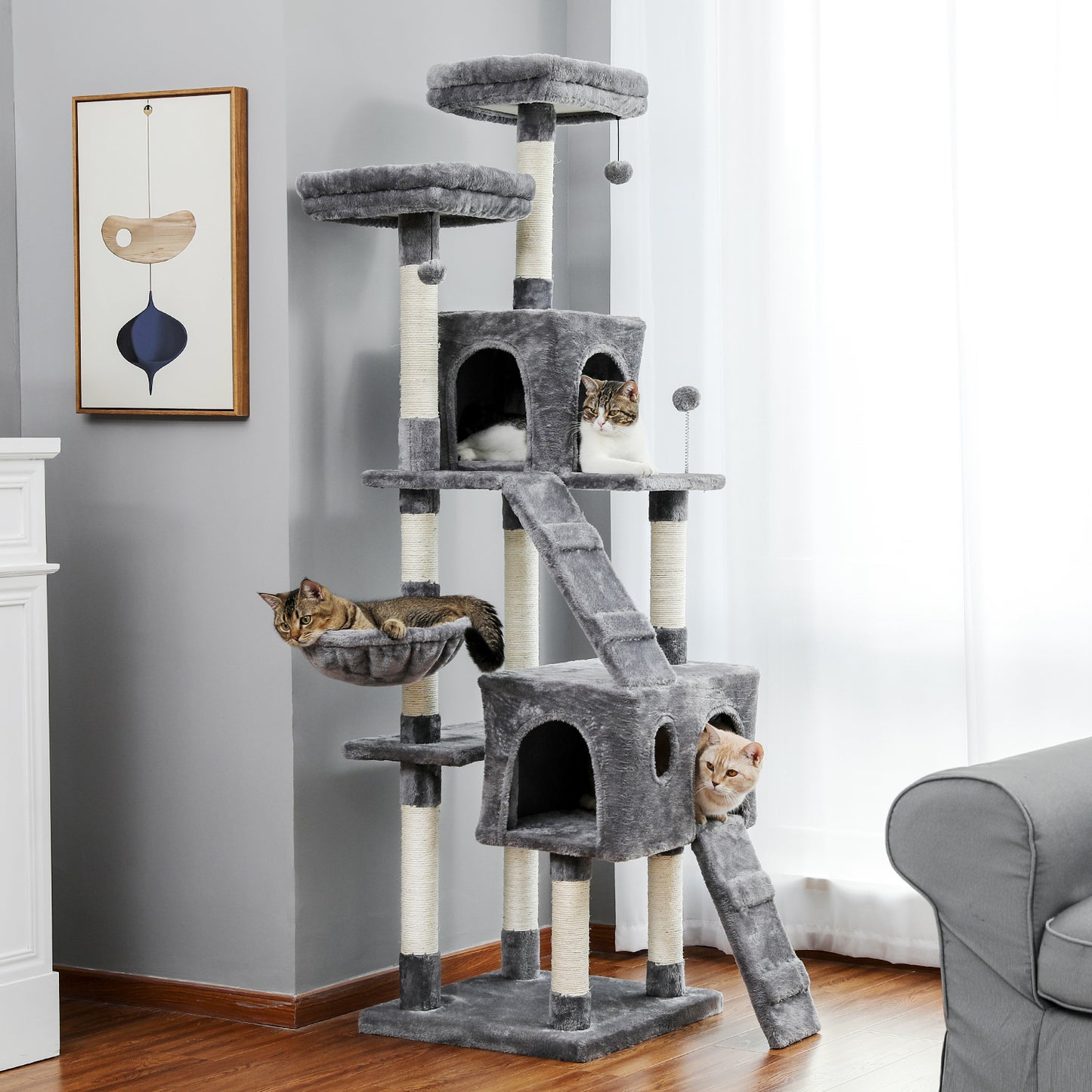 Cat Tree 69 Inches Cat Tower: 2 Condos, 2 Perches, Grey - Climber Furniture