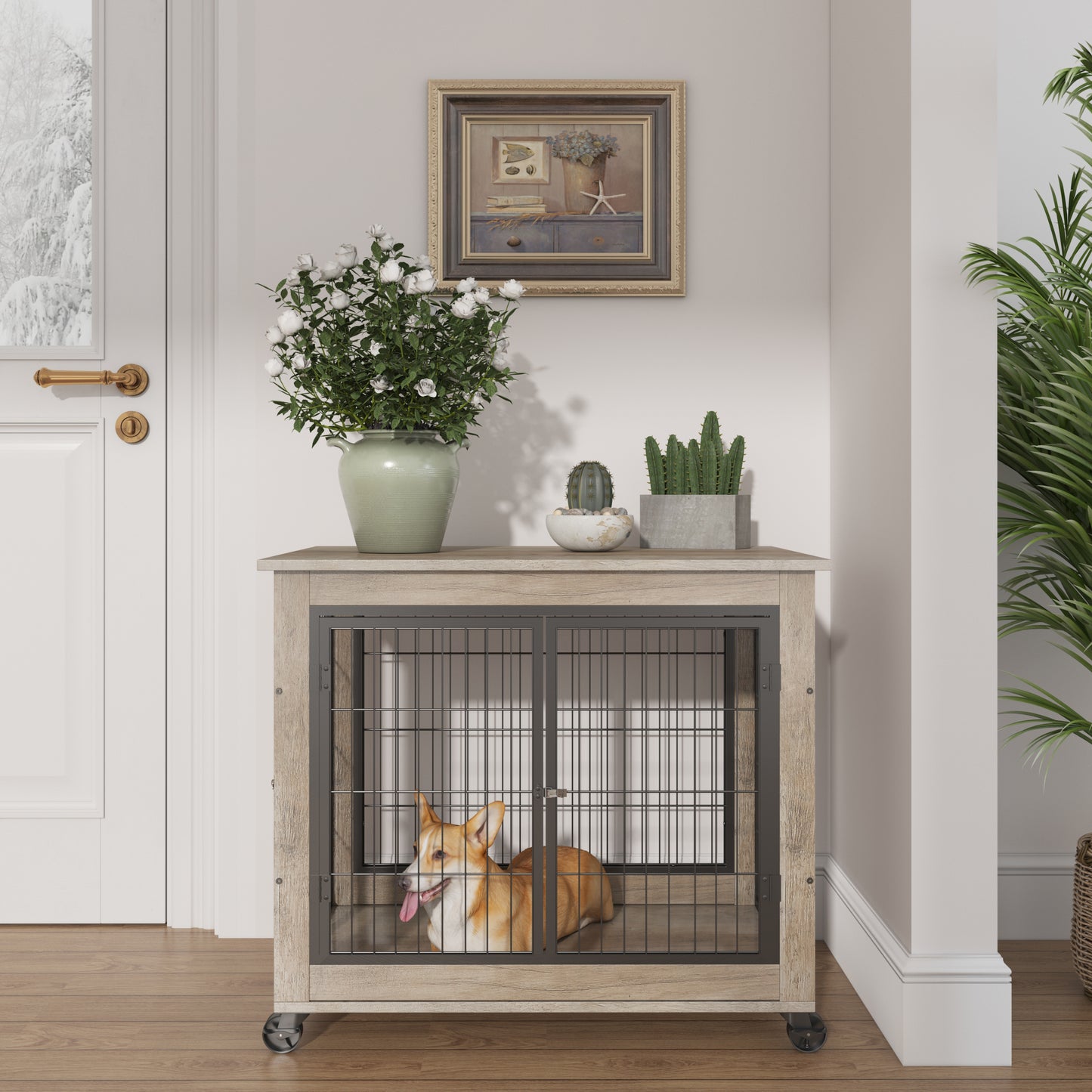 Furniture Dog Cage Crate with Double Doors on Casters - Grey, 31.50'' W x 22.05'' D x 24.8'' H: Stylish and Functional Pet Enclosure with Easy Mobility