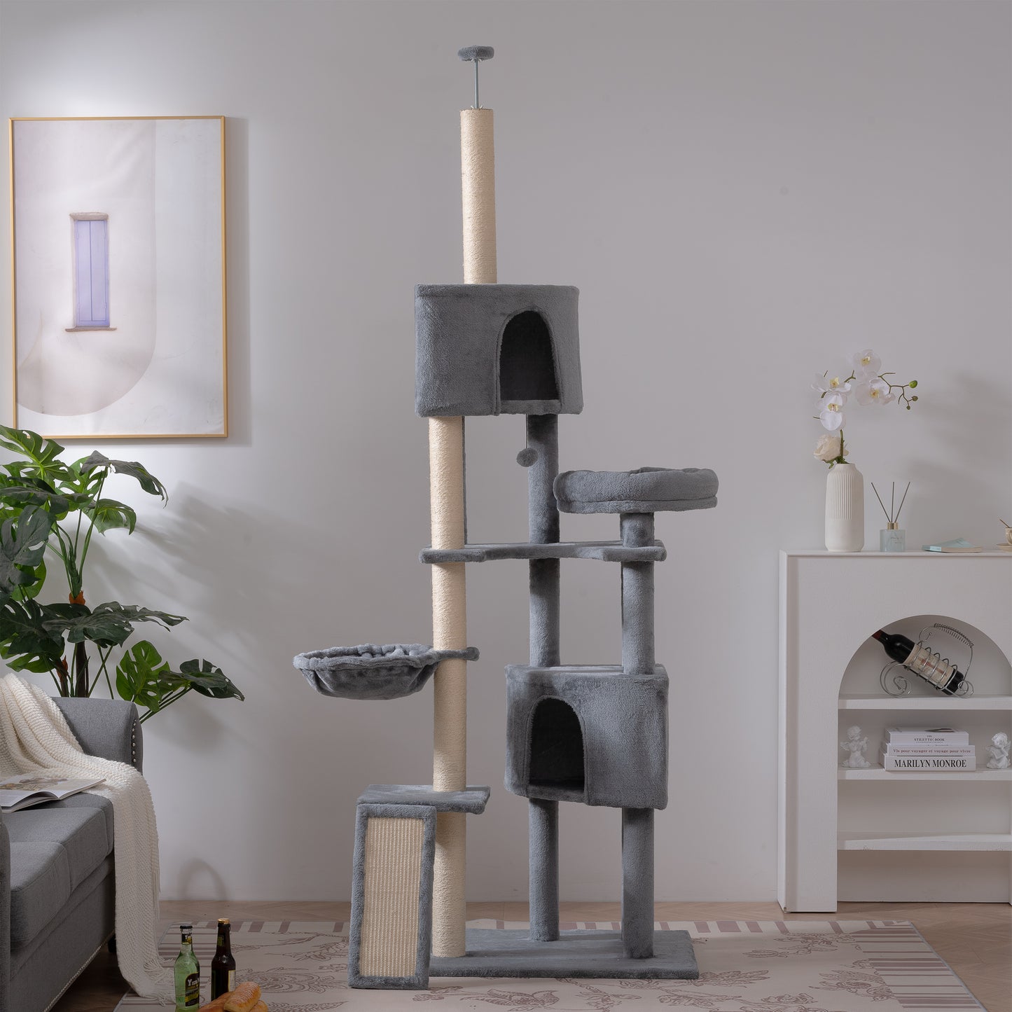 105-Inch Cat Tower for Indoor Cats, Multi-Level Cat Condo with Perches, Caves, Basket, and Scratching Board - Gray Color