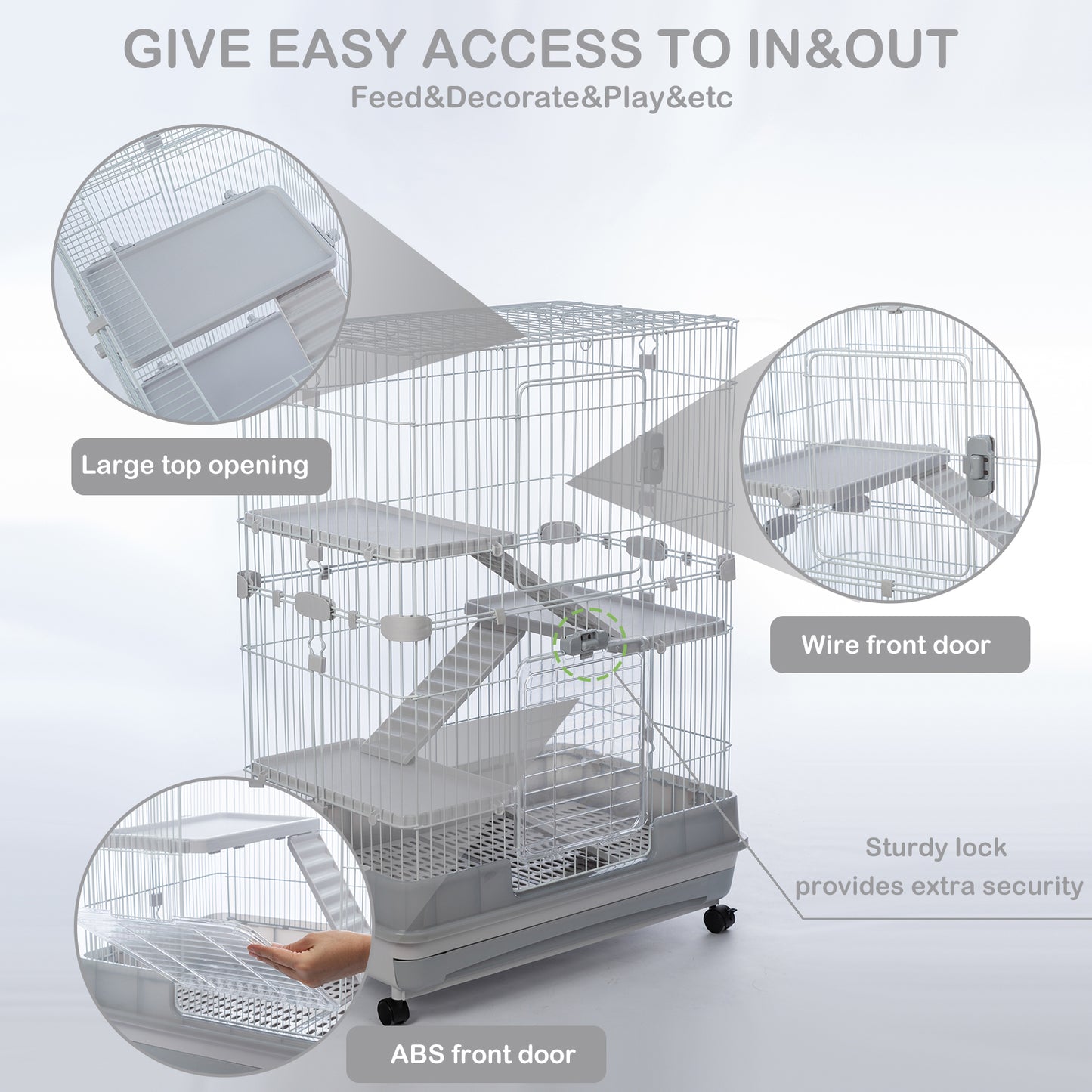 4-Tier 32" Small Animal Metal Cage, Height Adjustable with Lockable Casters, Grilles, Pull-out Tray for Rabbit, Chinchilla, Ferret, Bunny, Guinea Pig, Squirrel, Hedgehog (Grey)