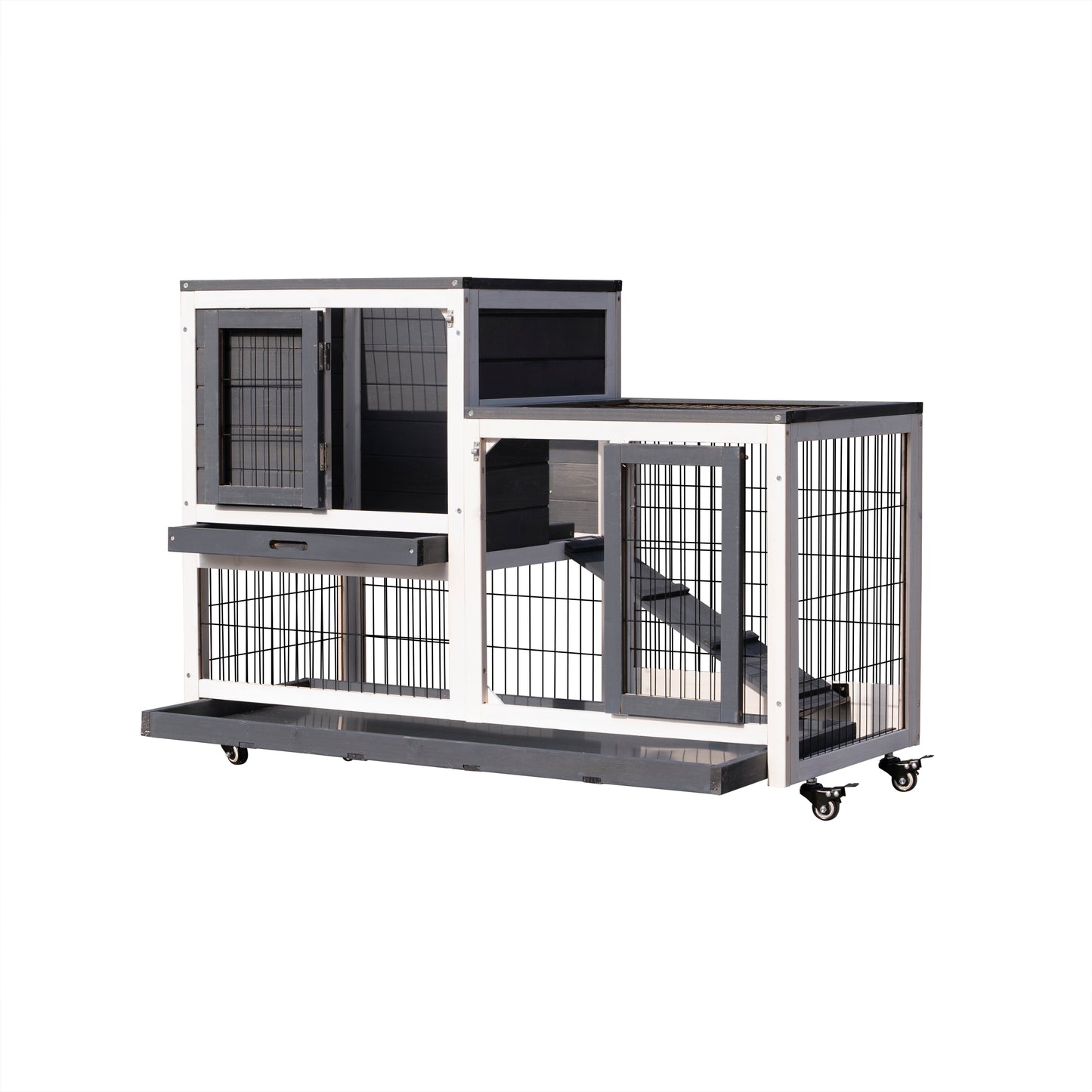 Removable Tray Ramp Wooden Outdoor Rabbit Hutch with Enclosed Run - Ideal for Small Animals - Coop with Running Cage, Wheels, and Ramp (Size and Color Options)