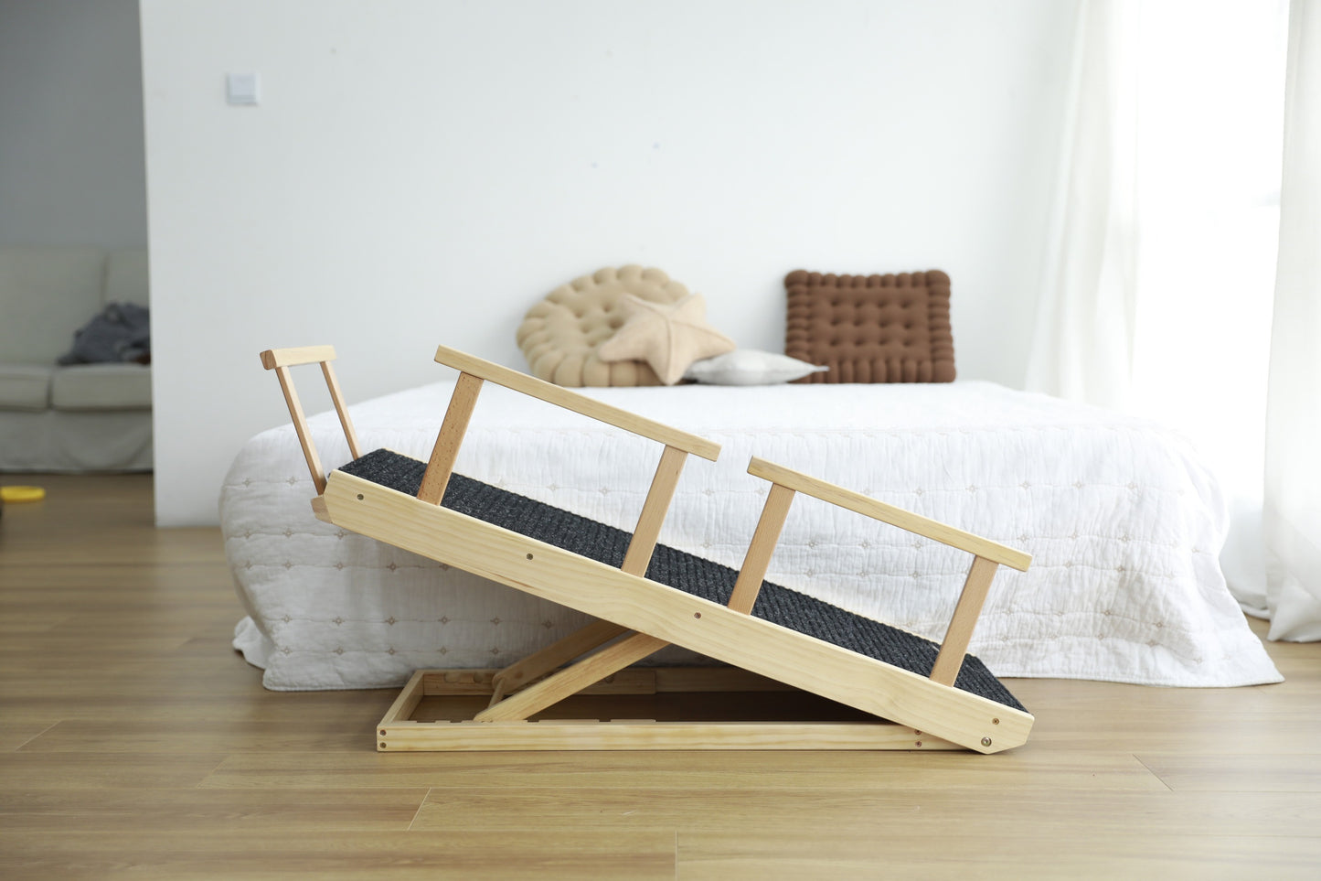 Tall Adjustable Pet Ramp: Folding Wooden Dog Cat Ramp with Safety Rails, Non-Slip Surface, Adjustable Height (9.3" to 24")