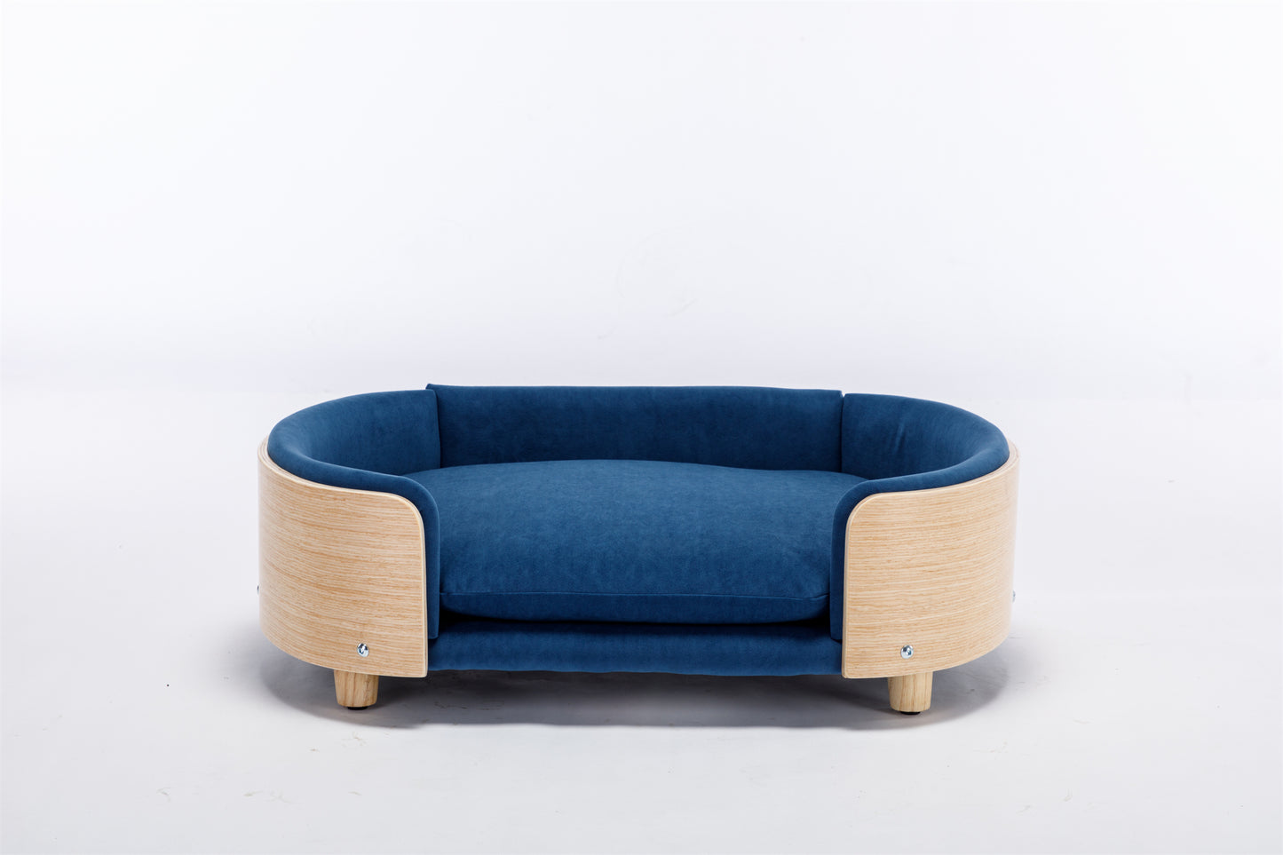 Scandinavian Style Elevated Dog Bed Pet Sofa with Solid Wood Legs, Bent Wood Back, and Velvet Cushion - Mid Size, Dark Blue