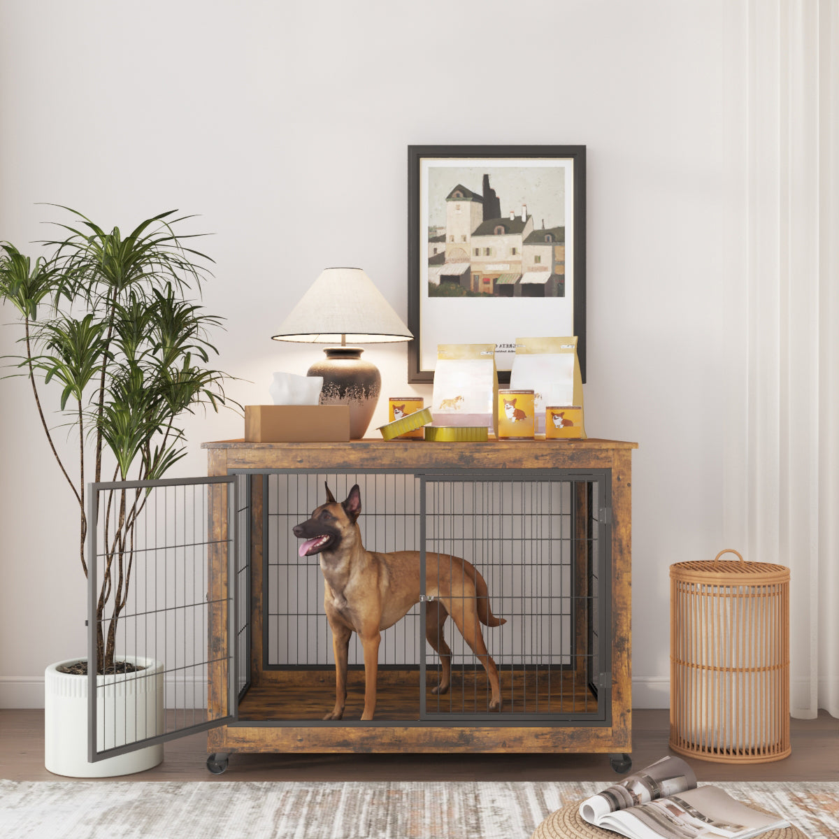 Furniture Style Dog Crate Side Table on Wheels with Double Doors and Lift Top - Rustic Brown, 43.7'' W x 30'' D x 31.1'' H: The Ultimate Combination of Functionality and Style for Your Canine Companion