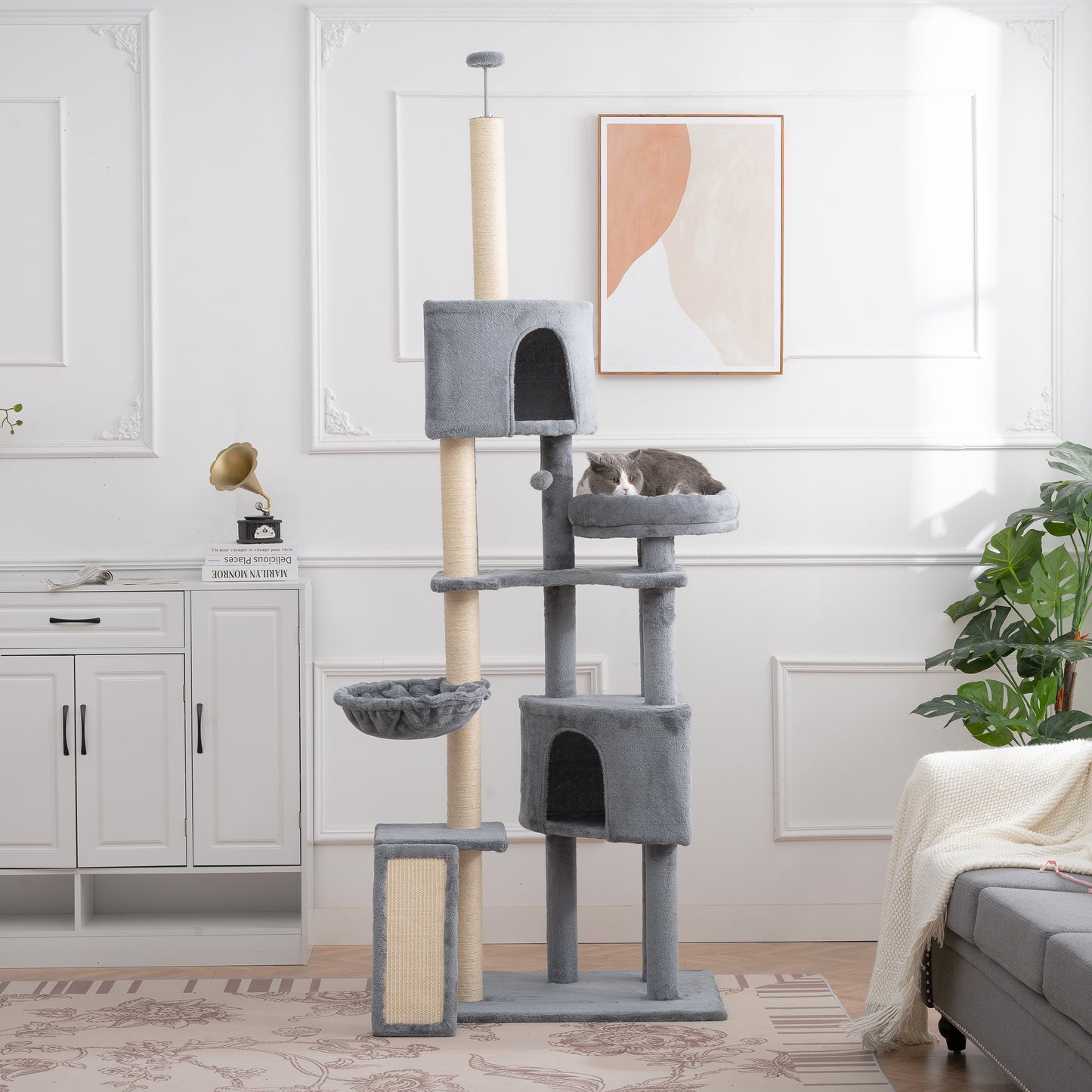 105-Inch Cat Tower for Indoor Cats, Multi-Level Cat Condo with Perches, Caves, Basket, and Scratching Board - Gray Color