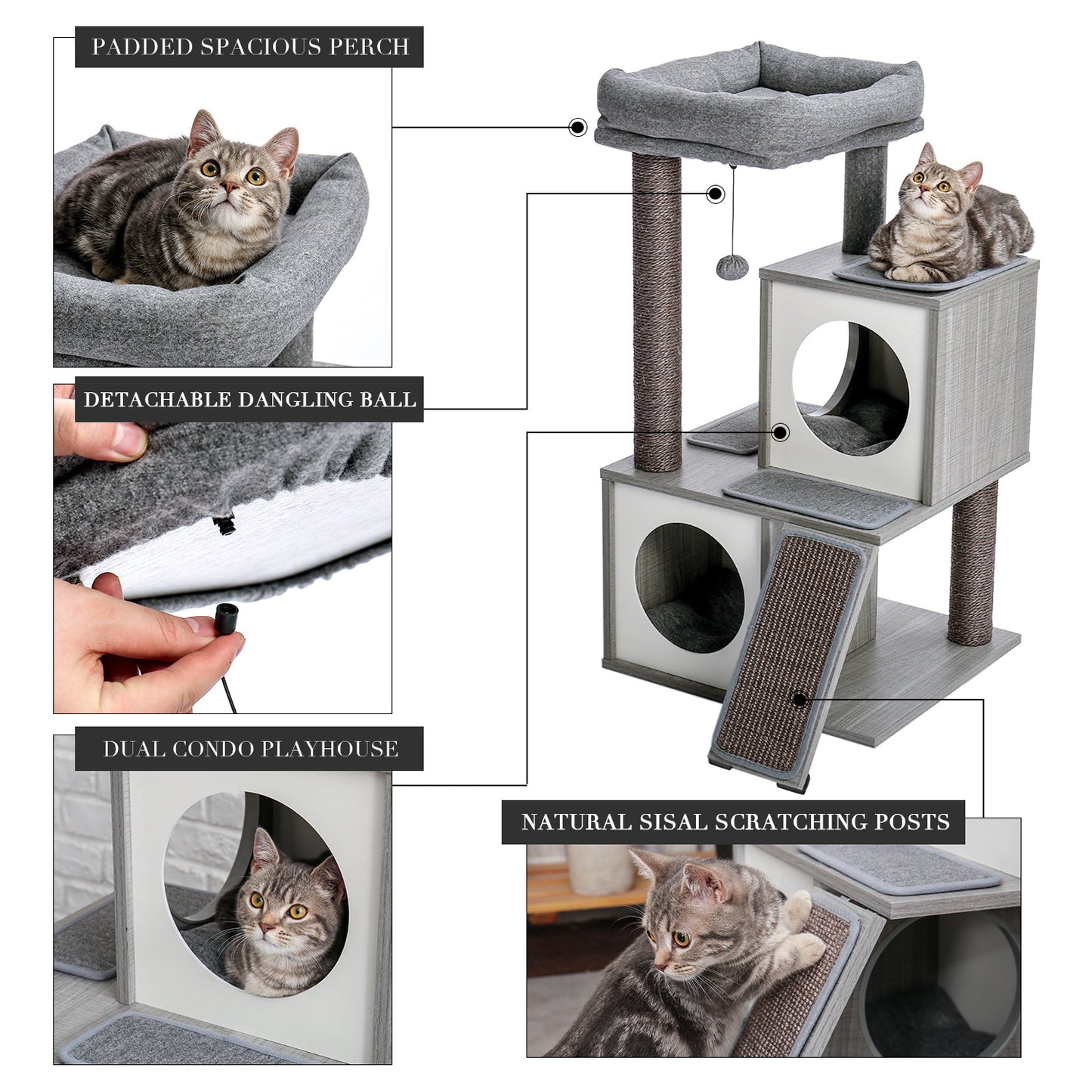 Cat Tree Luxury 34" Cat Tower with Double Condos, Spacious Perch, Scratching Posts & Dangling Balls - Gray