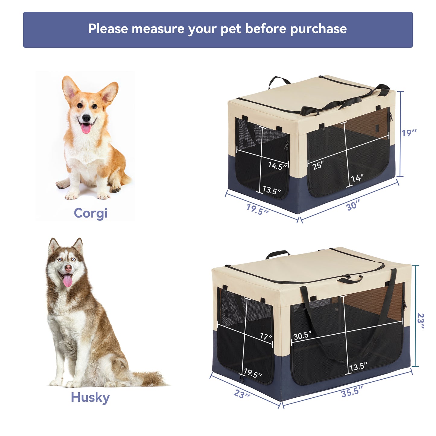 Dog Crates for Dogs, Adjustable Fabric Cover by Spiral Iron Pipe, Strengthen Sewing Dog Travel Crate 3 Door Design, Multiple Sizes