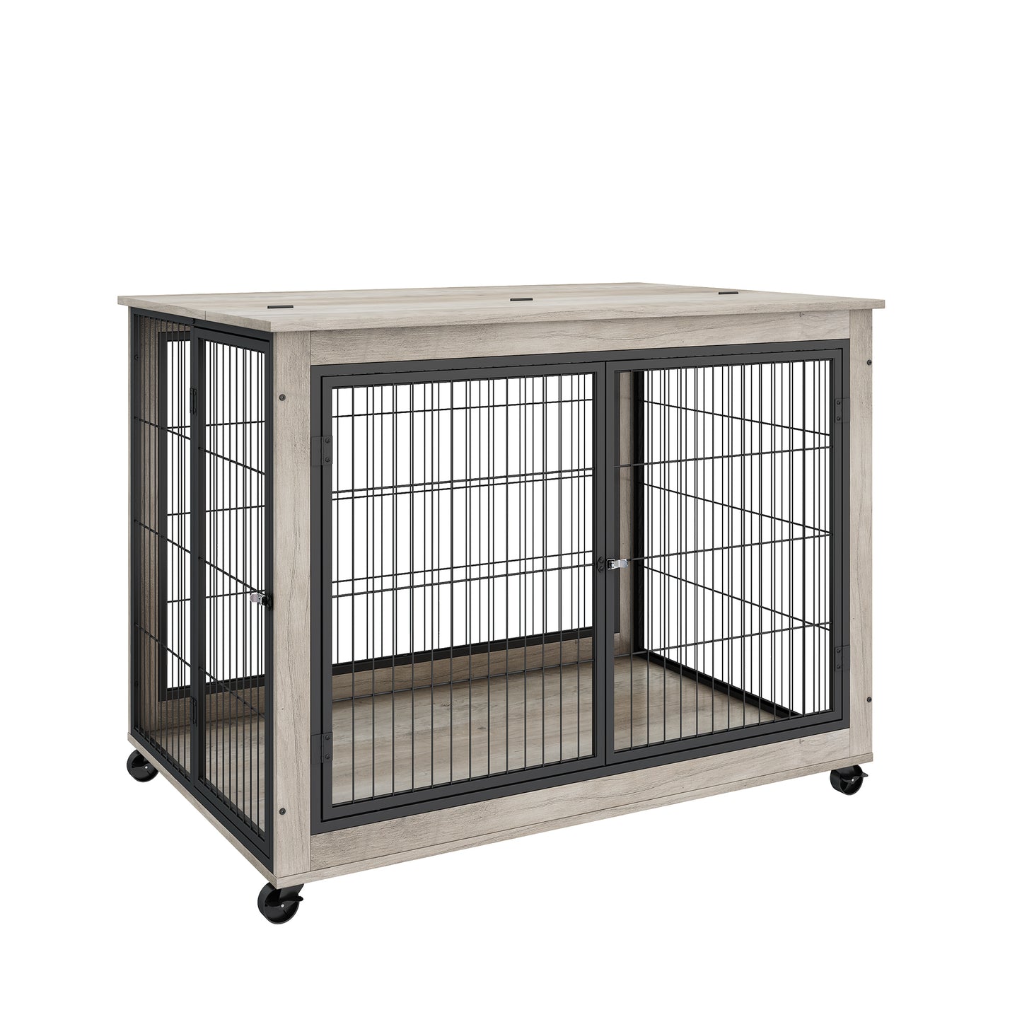 Furniture Style Dog Crate Side Table on Wheels: Double Doors, Lift Top | Grey, 43.7" W x 30" D x 31.1" H