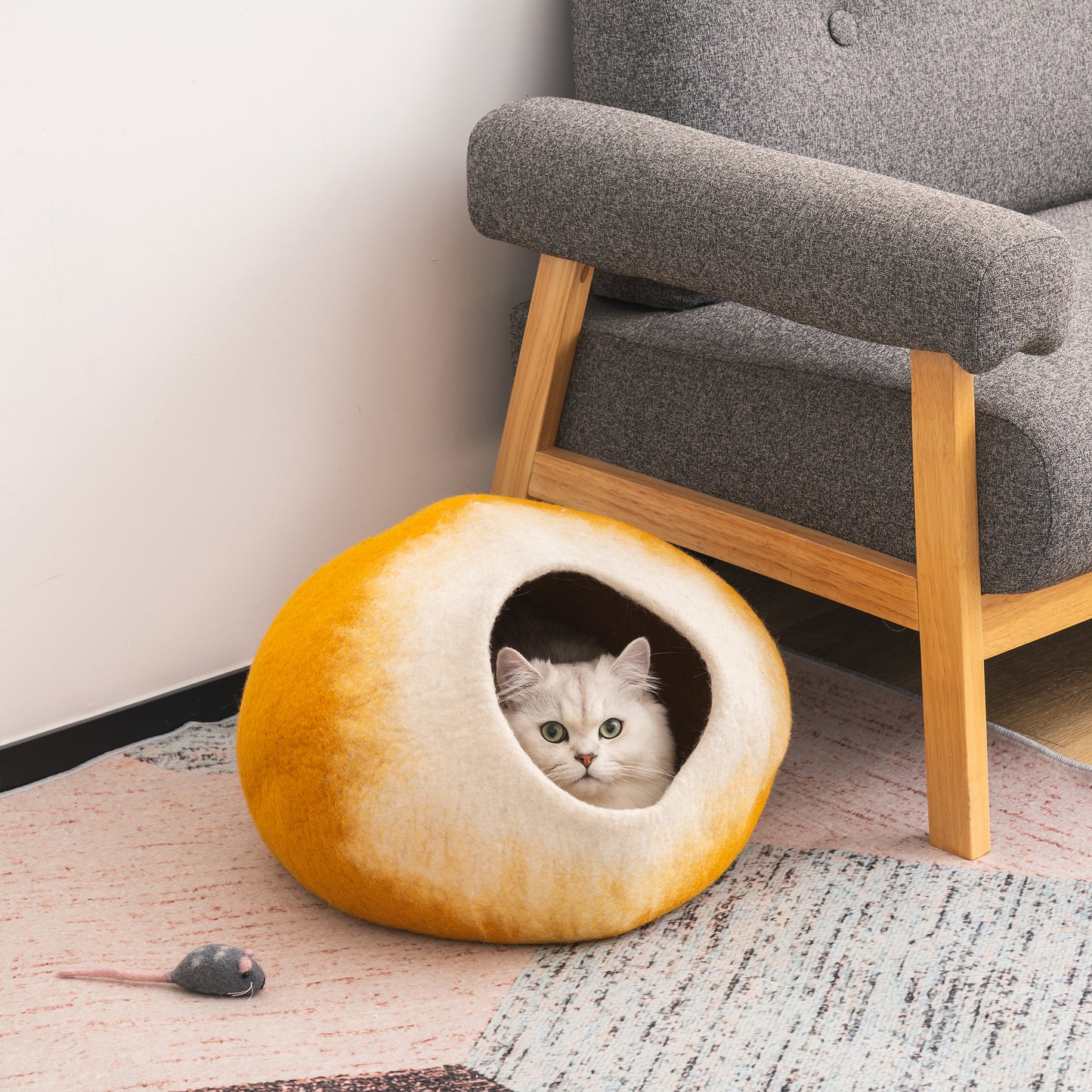 Handmade Wool Cat Cave Bed with Mouse Toy - Cozy, Durable, and Stylish Cat Bed Cave - Available in Various Colors and Sizes