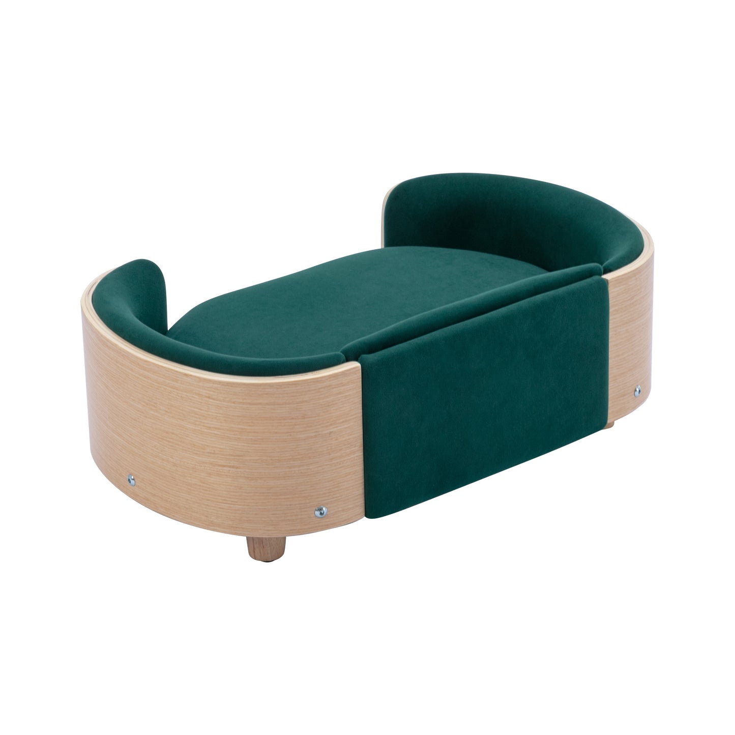 Scandinavian Style Elevated Dog Bed: Solid Wood Legs, Bent Wood Back, Natural Oak, Velvet Cushion, Small Size