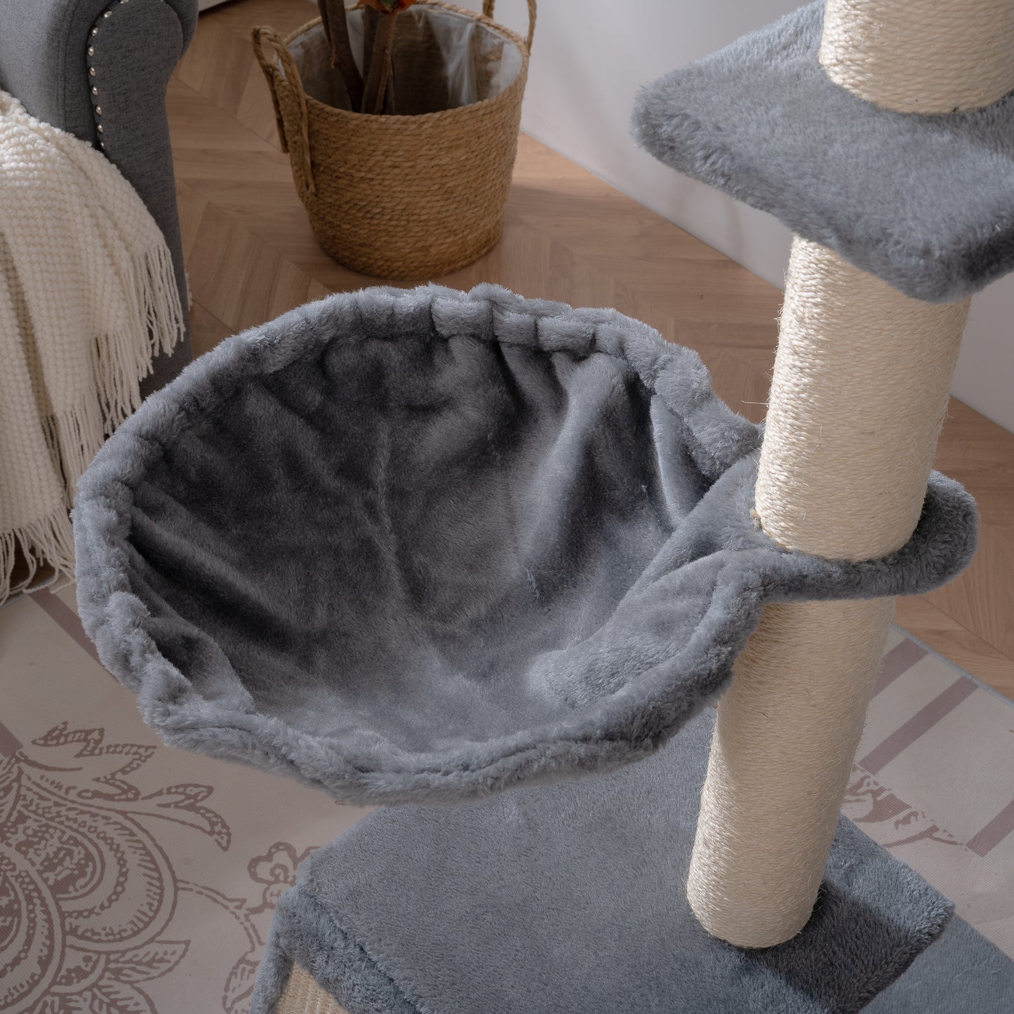 105-Inch Cat Tower for Indoor Cats, Multi-Level Cat Condo with Perches, Caves, Basket, and Scratching Board - Gray Color