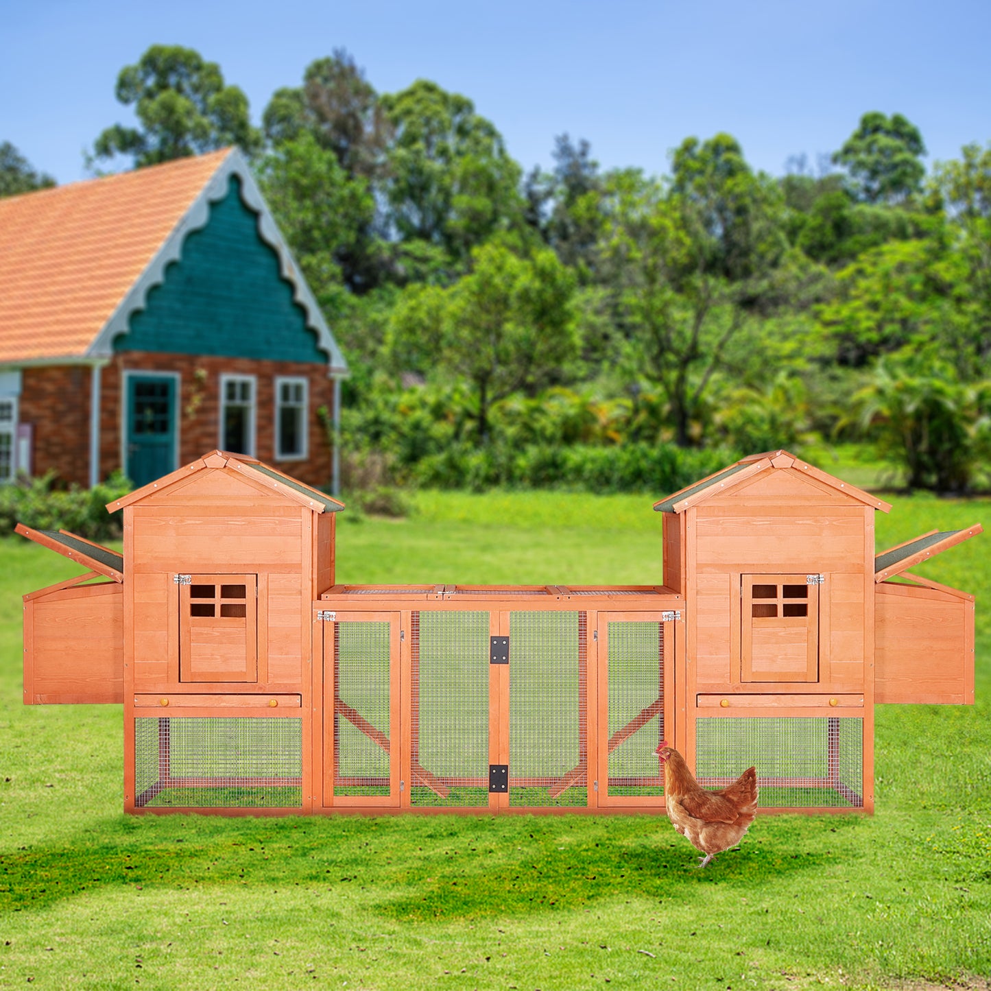 Outdoor Wooden Chicken Coop, 124" Large Hen Cage Rabbit House with Ventilation Door, Removable Ramp & Chicken Nesting Box - Ideal Bunny Hutch for Garden Backyard Pet House (Color: Natural Wood, Size: 124")