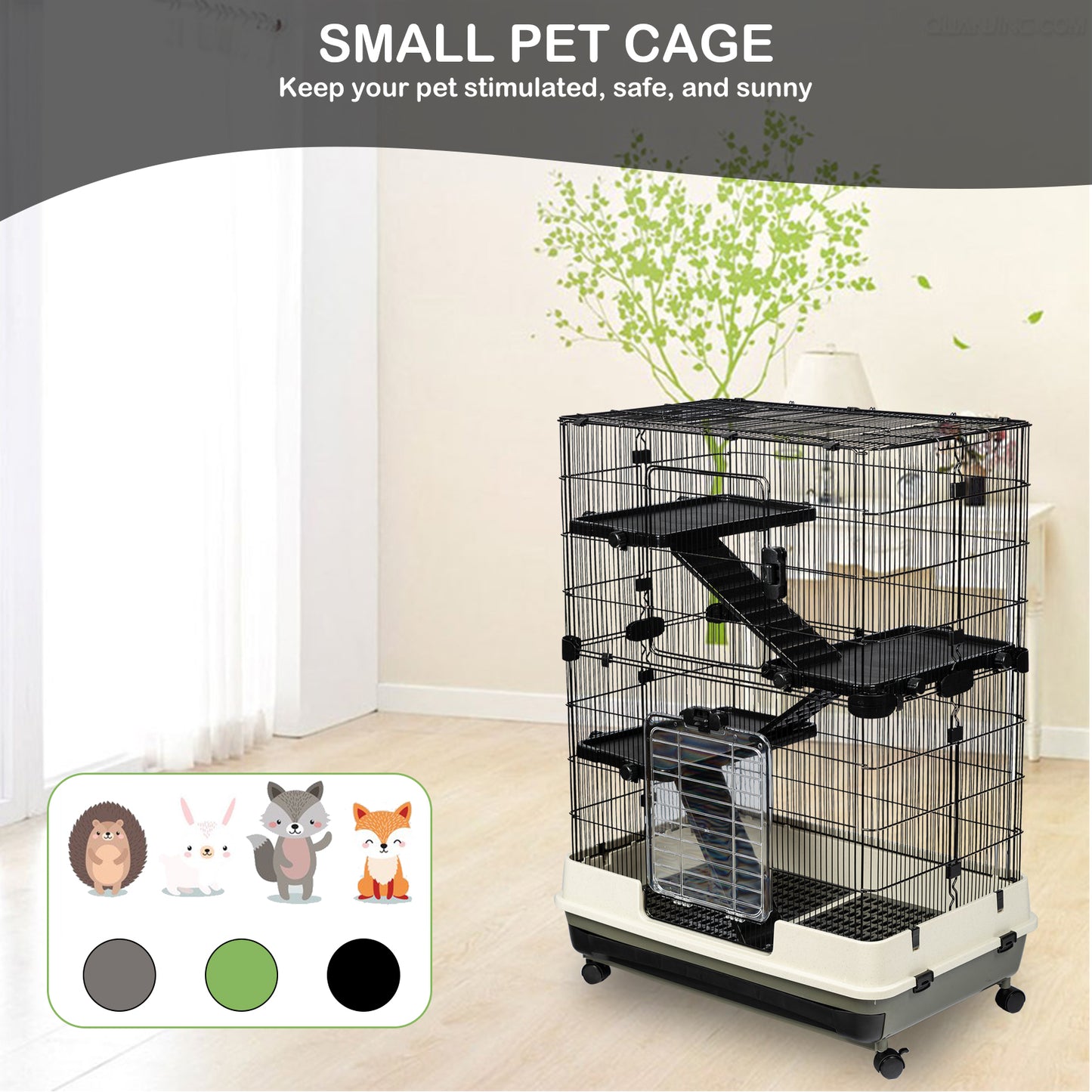 4-Tier 32" Small Animal Metal Cage, Height Adjustable with Lockable Top-Openings, Removable for Rabbit Chinchilla Ferret Bunny Guinea Pig, Black