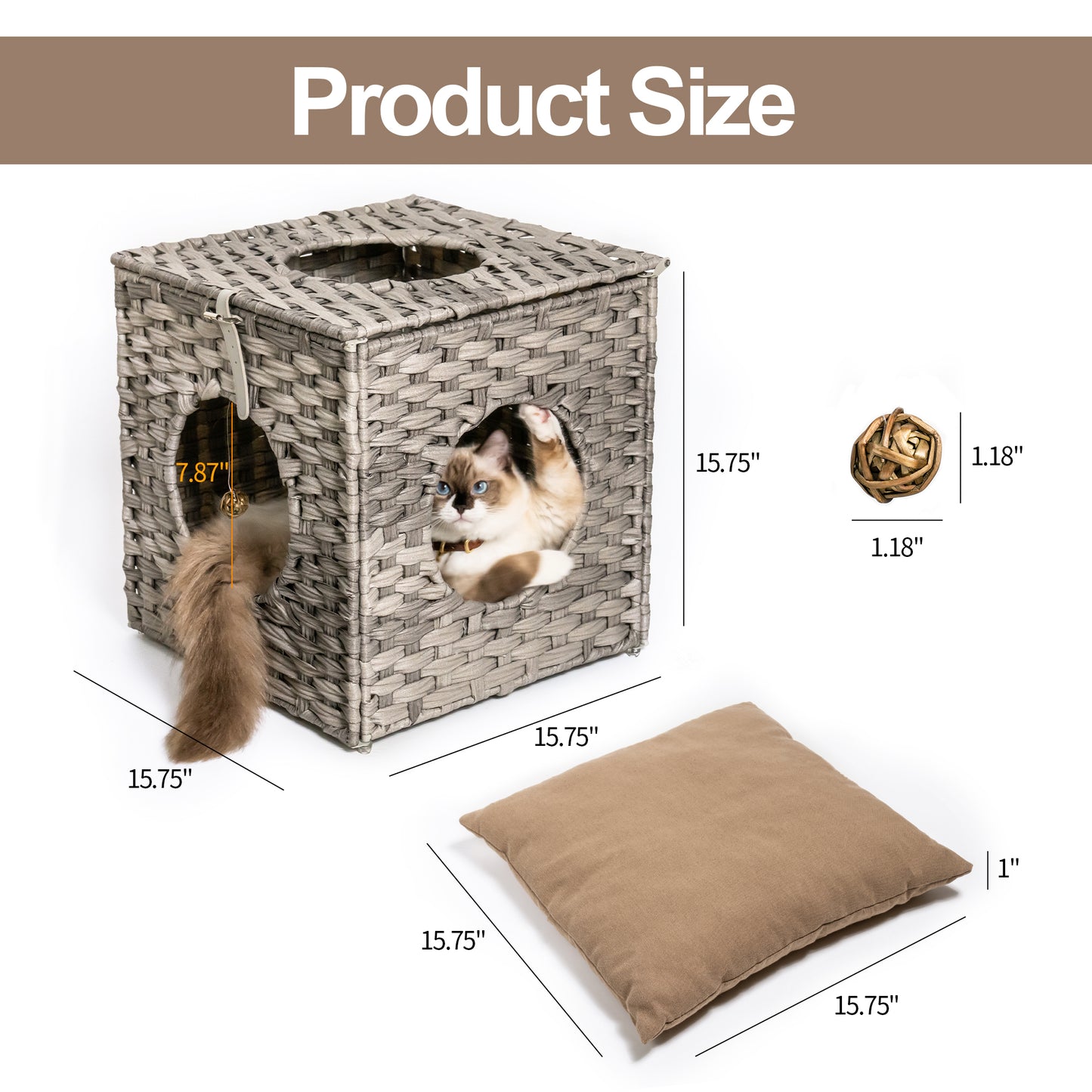 Rattan Cat Litter, Cat Bed with Cushion & Rattan Ball, Grey - Comfortable and Stylish Resting Spot for Your Feline Companion