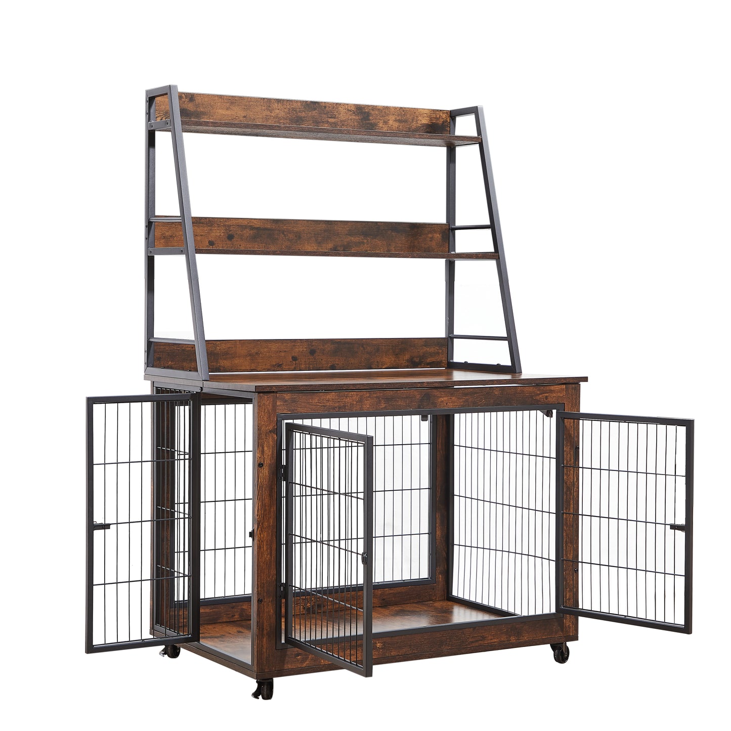 Furniture Style Dog Crate Side Table with Shelves, Double Doors & Raised Roof - Rustic Brown, 38.58''W x 25.5''D x 57''H