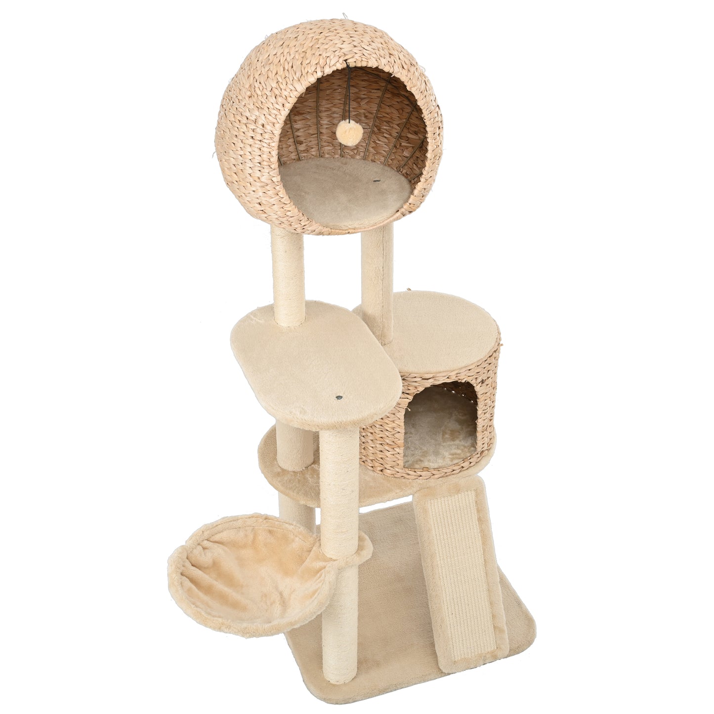 59-Inch Cat Tower for Indoor Cats, Plush Multi-Level Cat Condo with 2 Perches, 2 Caves, Cozy Basket and Scratching Board, Beige