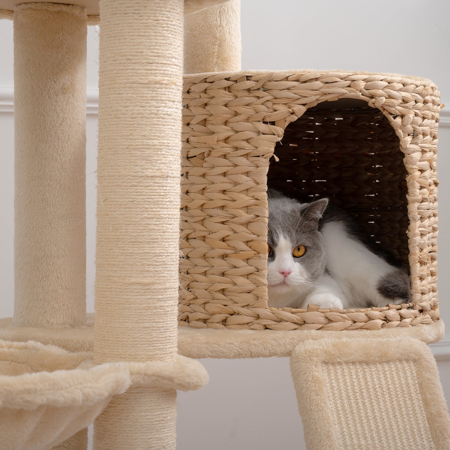 59-Inch Cat Tower for Indoor Cats, Plush Multi-Level Cat Condo with 2 Perches, 2 Caves, Cozy Basket and Scratching Board, Beige