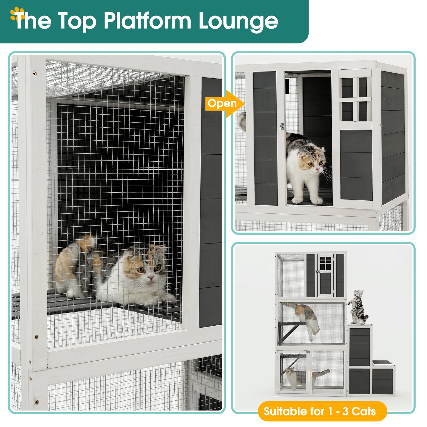 3-Tier Wooden Outdoor & Indoor Cat House | Suitable for 1-3 Cats | Cat Enclosure Resting Box with 4 Platforms and 2 Doors | Cat Shelter Kitty House with Jump Box | Hiding, Resting, and Playing | Cat Cage 71"H - Gray