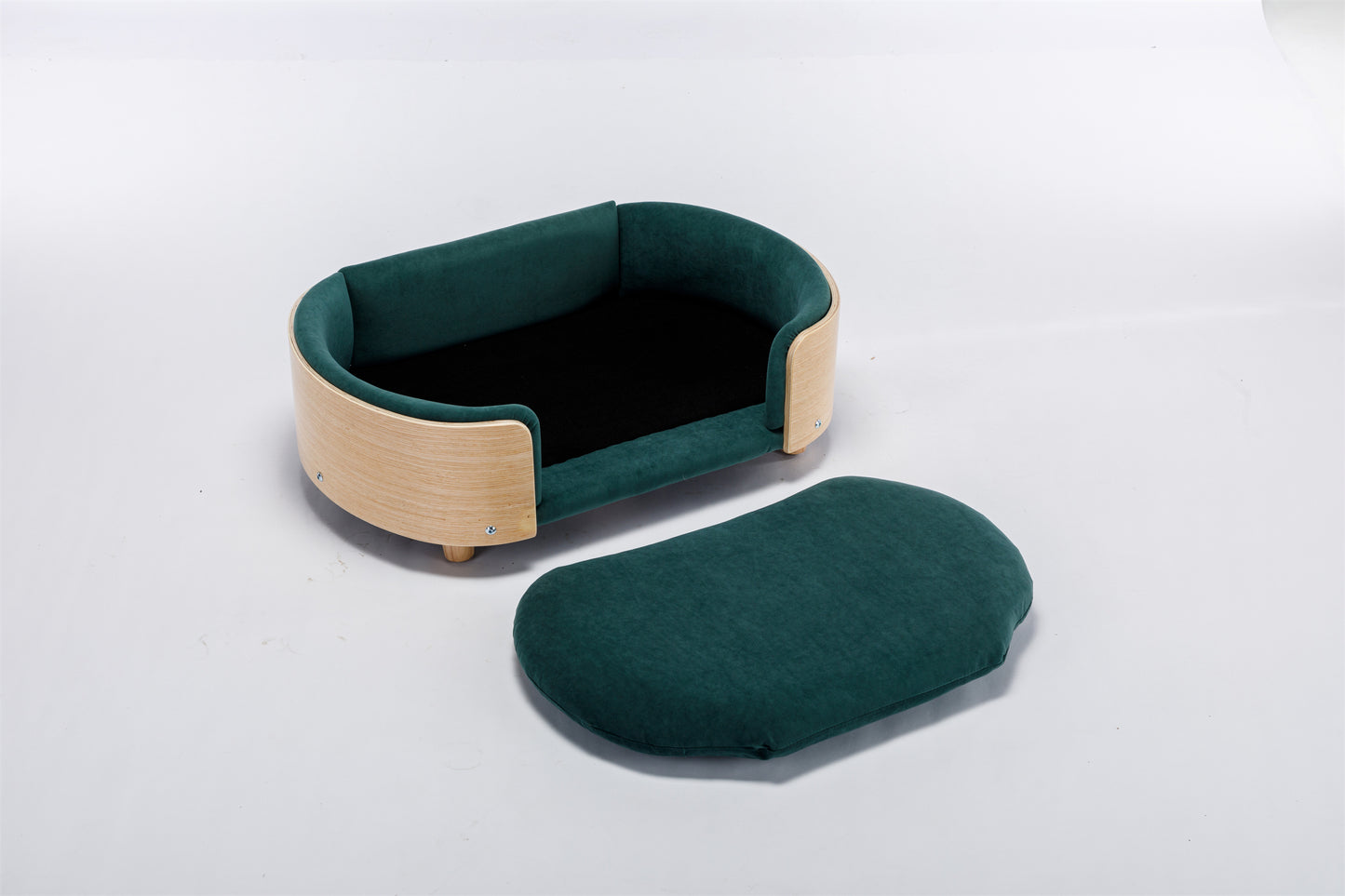 Scandinavian Style Elevated Dog Bed Pet Sofa: Solid Wood Legs, Bent Wood Back, Velvet Cushion - Mid Size, Dark Green