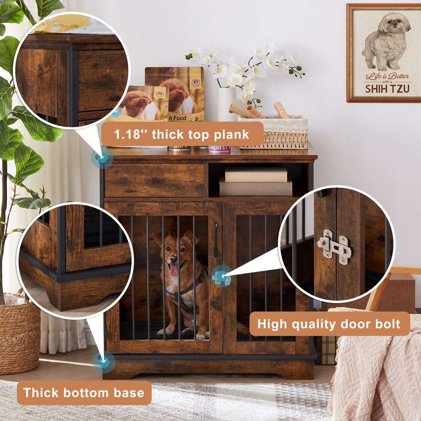 Furniture Dog Crate: Indoor Pet Crate End Tables, Decorative Wooden Kennels with Removable Trays - Rustic Brown, 32.3''W x 22.8''D x 33.5''H