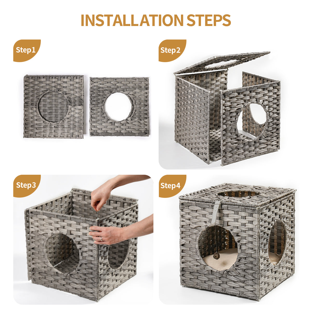 Rattan Cat Litter, Cat Bed with Cushion & Rattan Ball, Grey - Comfortable and Stylish Resting Spot for Your Feline Companion