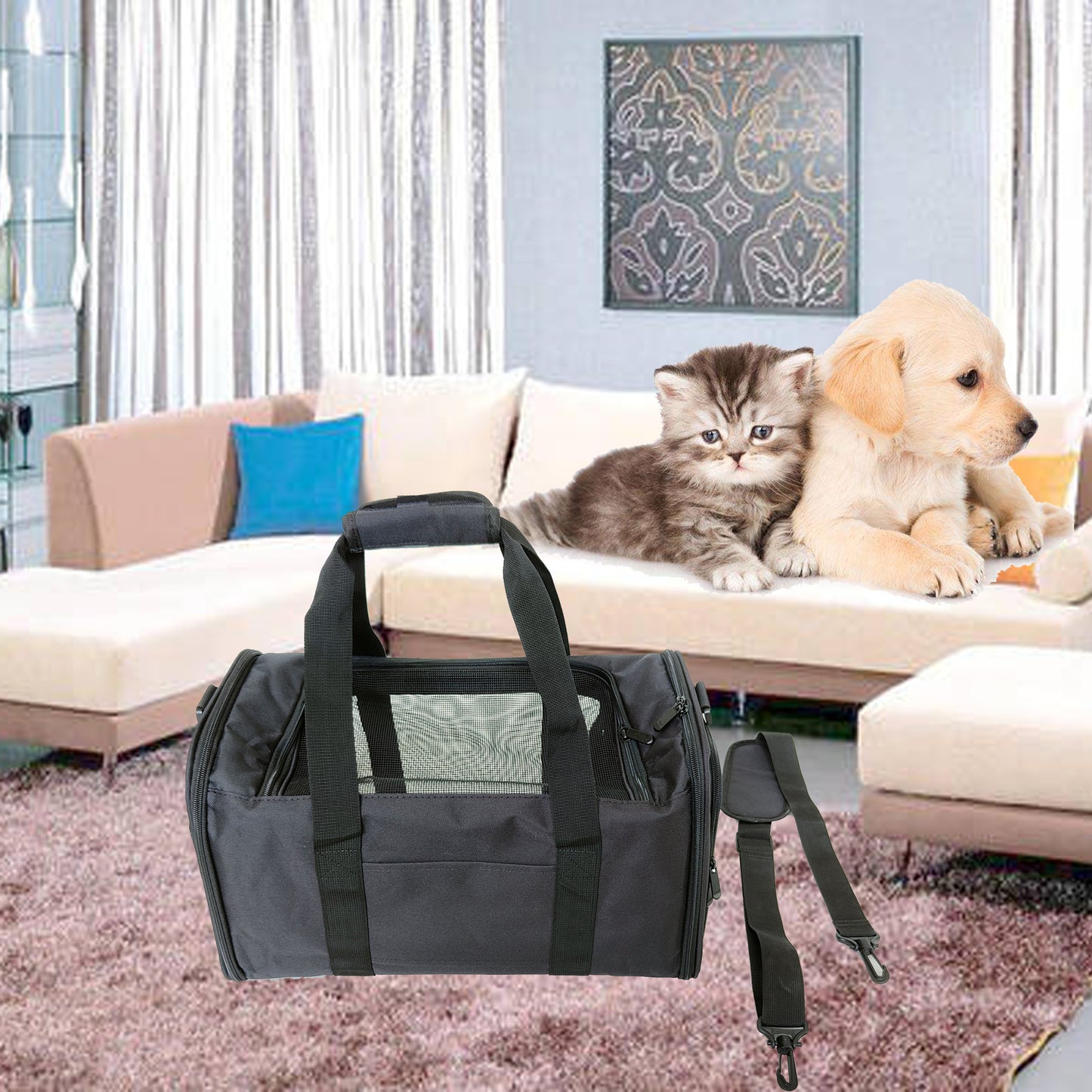 Dog Bag Airline Approved Large Soft-Sided Collapsible Pet Travel Carrier - Portable, 5 Doors, Storage Pockets, Removable Pads, Easy to Clean - Ideal for Dogs, Cats, and Kittens - Size: Large