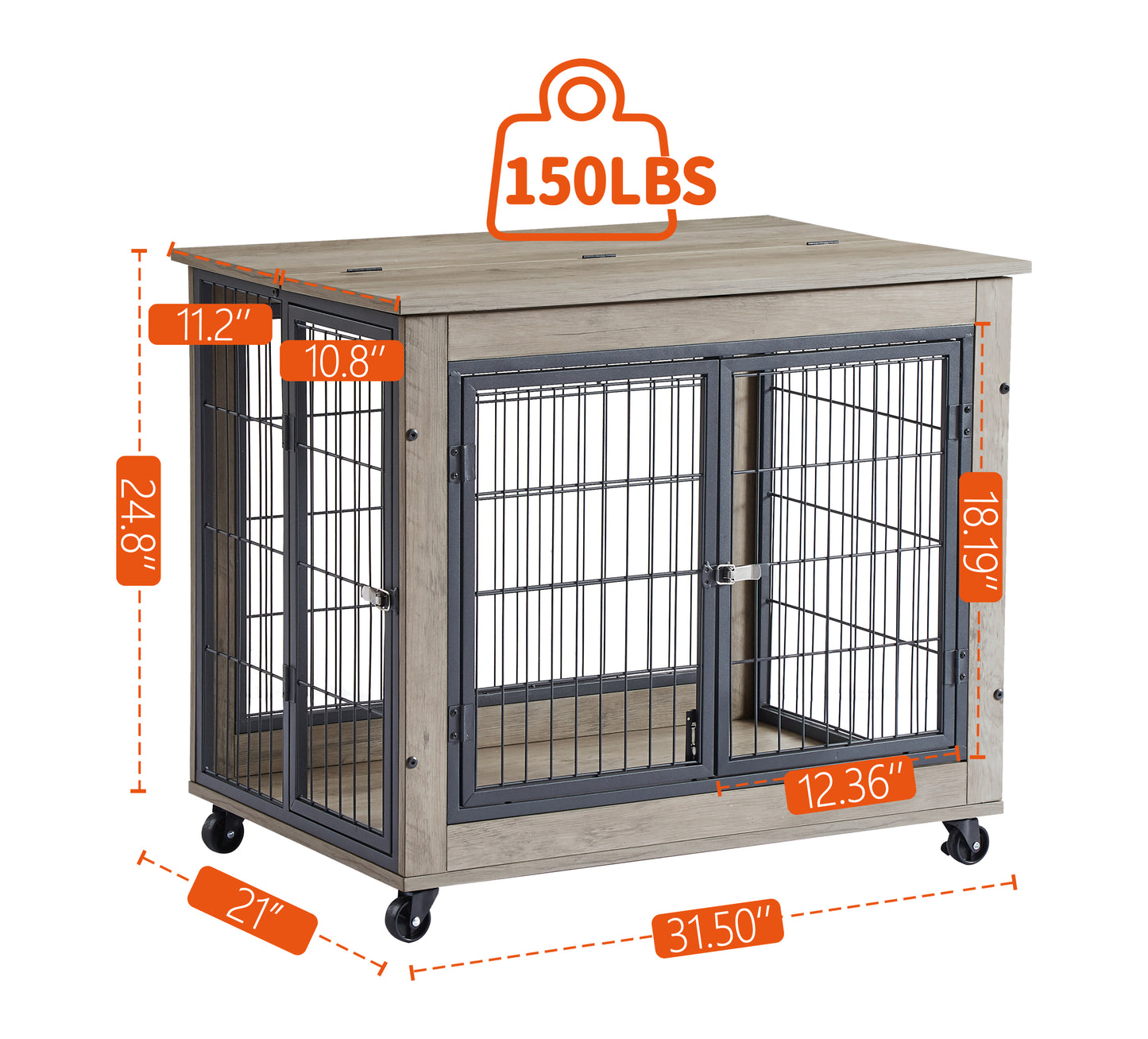 Furniture Dog Cage Crate with Double Doors on Casters - Grey, 31.50'' W x 22.05'' D x 24.8'' H: Stylish and Functional Pet Enclosure with Easy Mobility