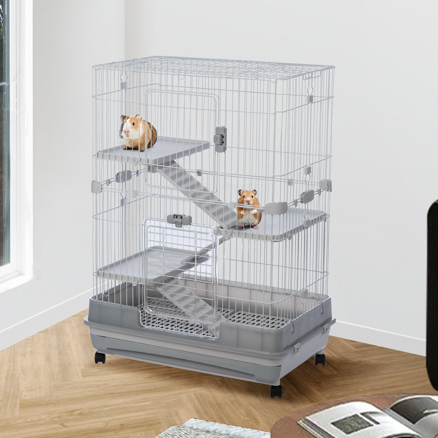 4-Tier 32" Small Animal Metal Cage, Height Adjustable with Lockable Casters, Grilles, Pull-out Tray for Rabbit, Chinchilla, Ferret, Bunny, Guinea Pig, Squirrel, Hedgehog (Grey)