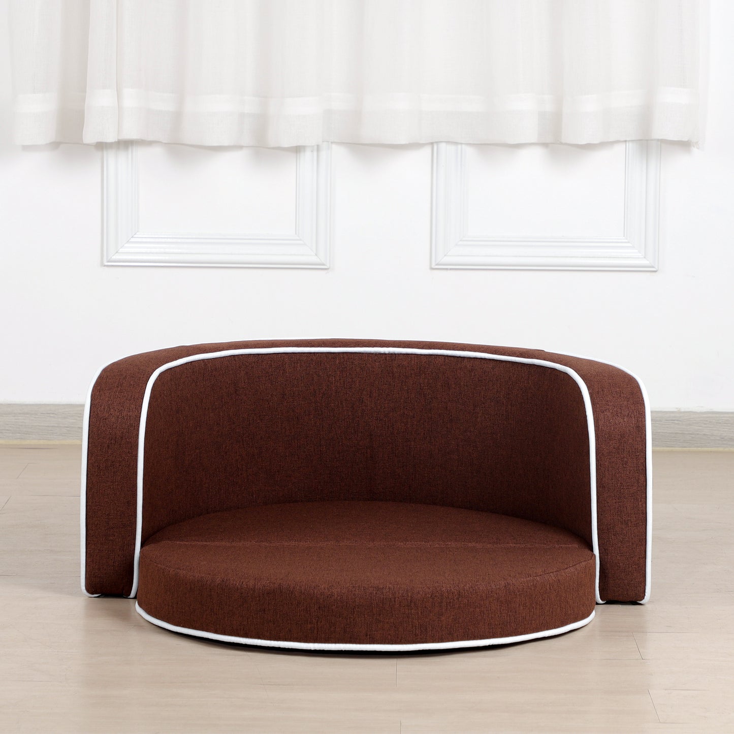 30" Brown Round Pet Sofa - Wooden Structure, Linen Goods, White Roller Lines on Edges - Curved Appearance with Cushion