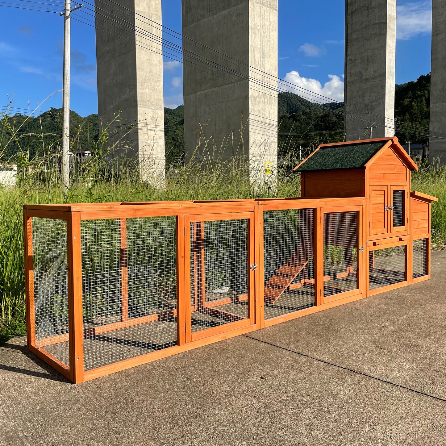 122" Large Wooden Chicken Coop | Outdoor Hen House with Nest Box & Wire Fence Poultry Cage | Spacious & Secure | Natural Wood Finish | 122" x [Dimensions]