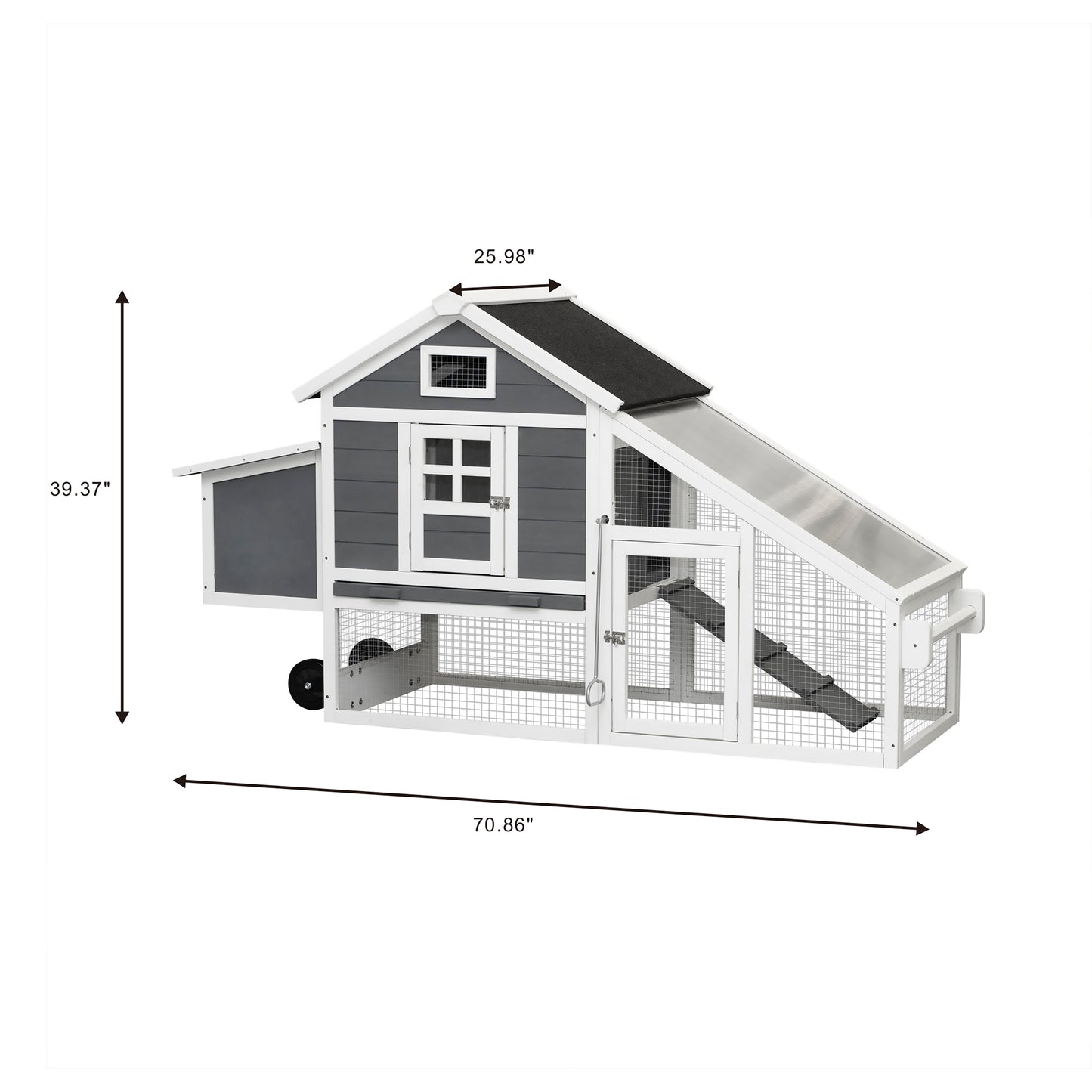 Removable Tray Ramp Wooden Outdoor Chicken Hutch Coop with Running Cage & Wheels - Spacious, Convenient, and Easily Movable