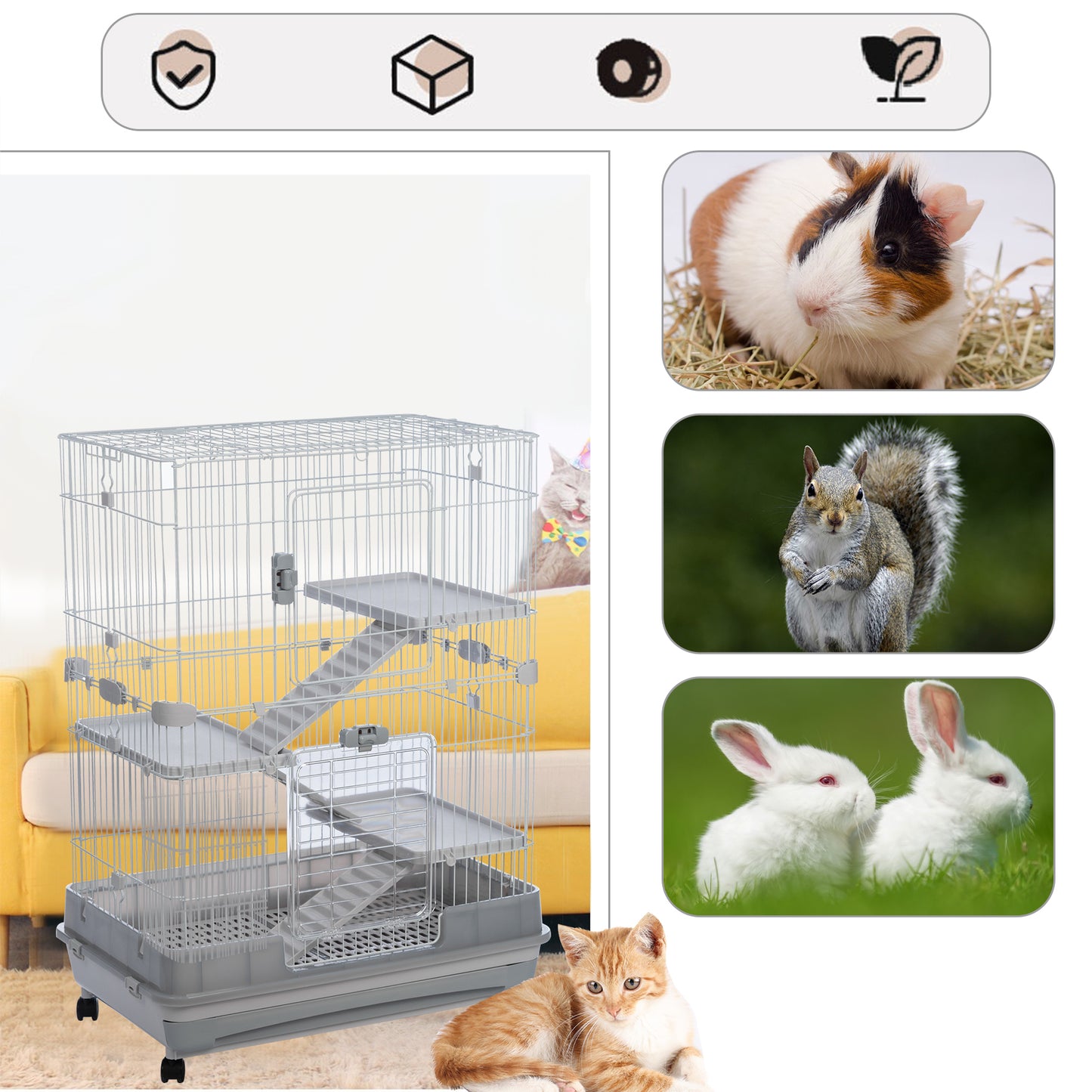 4-Tier 32" Small Animal Metal Cage, Height Adjustable with Lockable Casters, Grilles, Pull-out Tray for Rabbit, Chinchilla, Ferret, Bunny, Guinea Pig, Squirrel, Hedgehog (Grey)