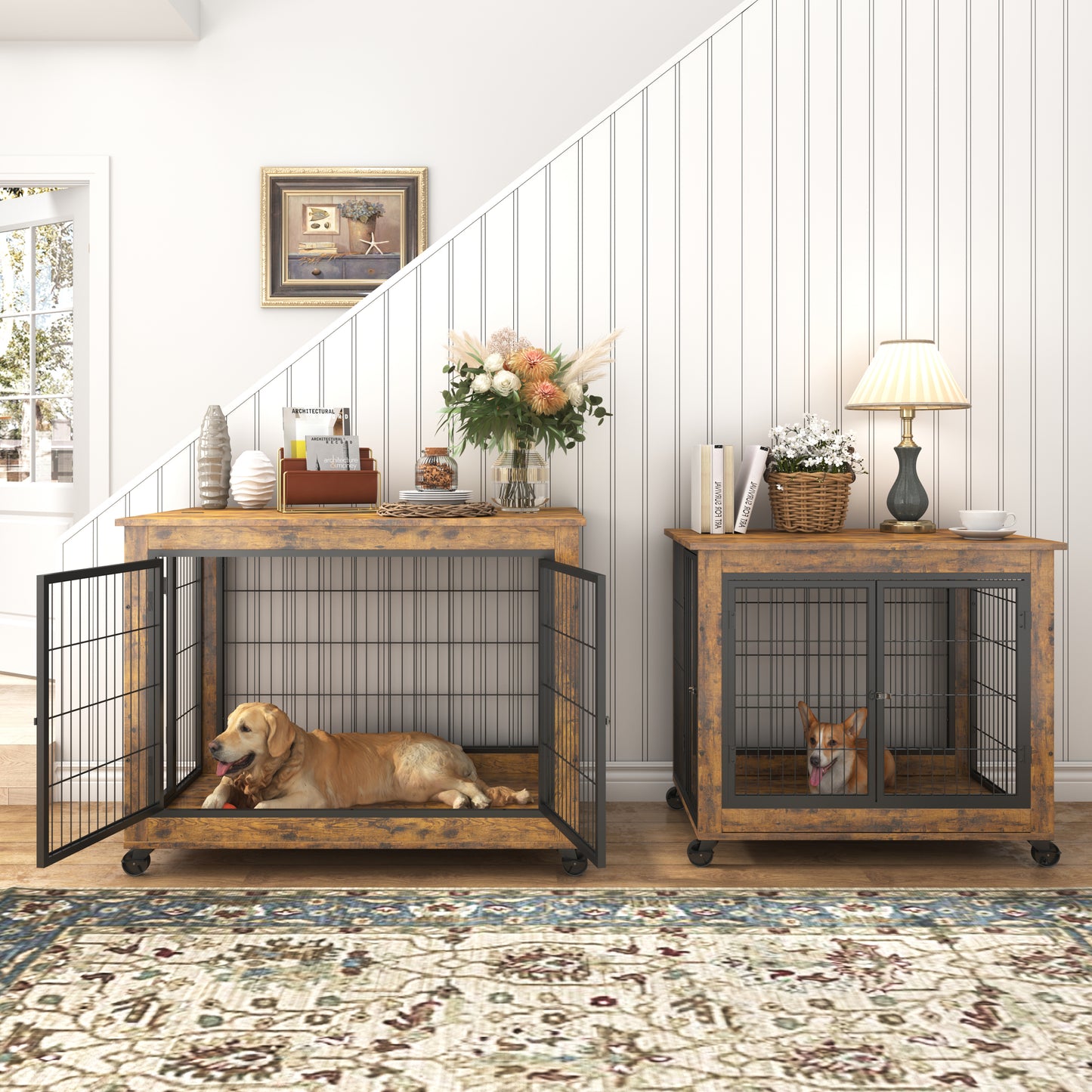 Furniture Dog Cage Crate with Double Doors, Rustic Brown, 38.58'' W x 25.2'' D x 27.17'' H - Spacious and Sturdy Dog Crate for Comfortable Confinement