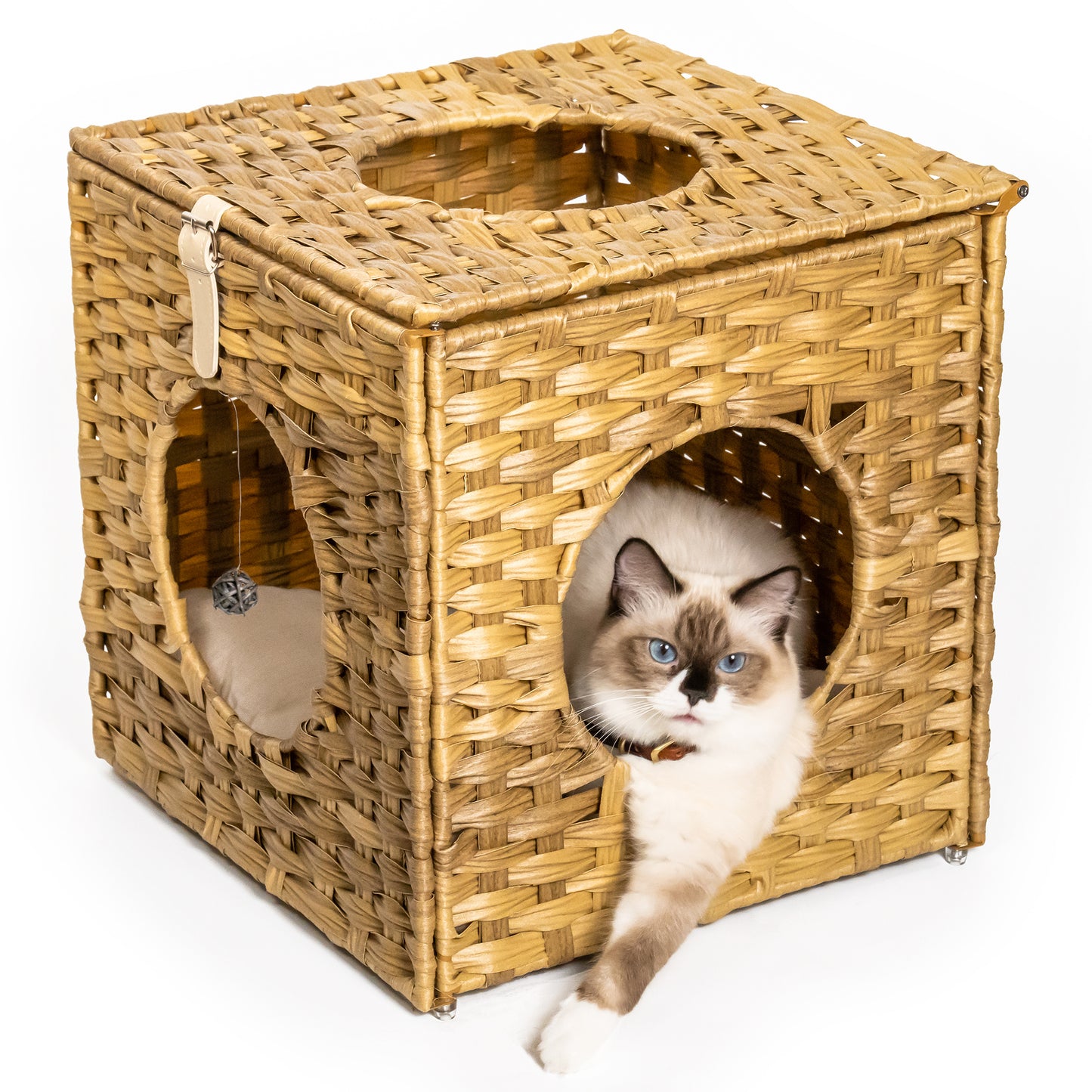 Rattan Cat Litter, Cat Bed with Rattan Ball & Cushion - Yellowish Brown, Cozy & Stylish Sleeping Space for Cats