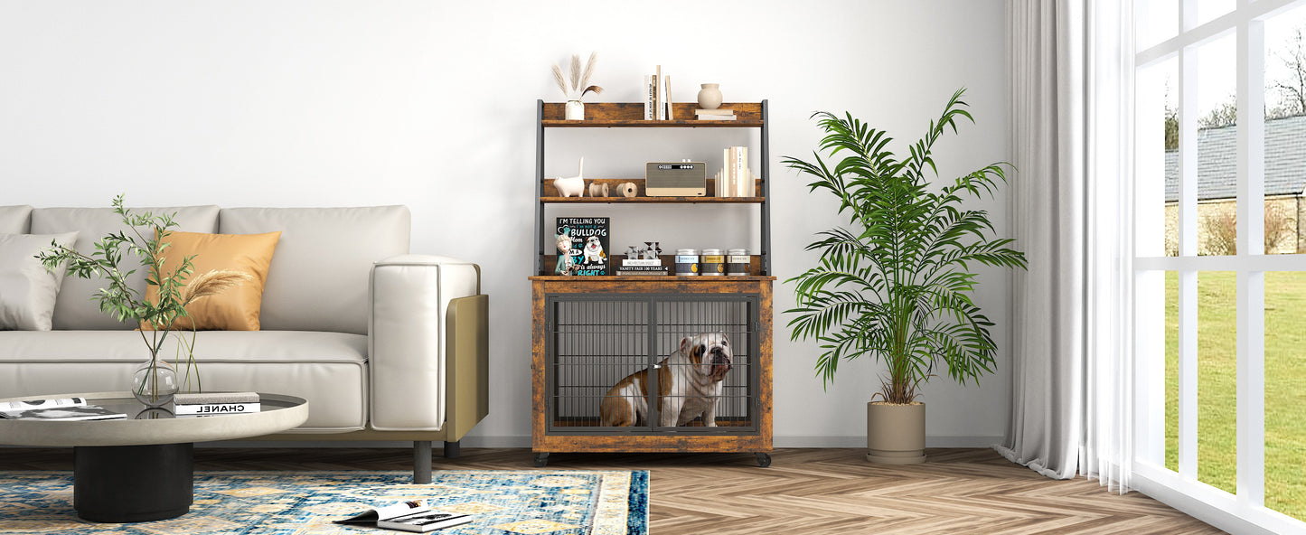 Furniture Style Dog Crate Side Table with Shelves, Double Doors & Raised Roof - Rustic Brown, 38.58''W x 25.5''D x 57''H