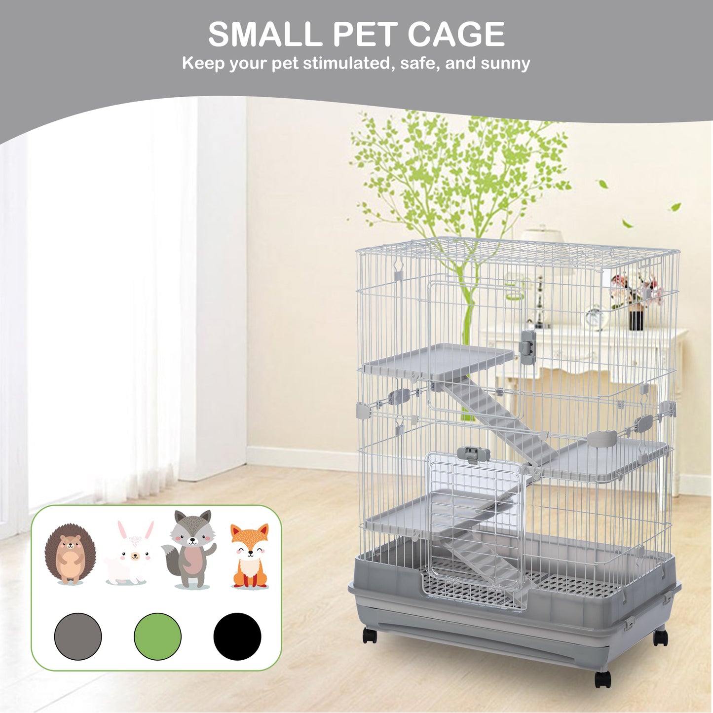 4-Tier 32" Small Animal Metal Cage, Height Adjustable with Lockable Casters, Grilles, Pull-out Tray for Rabbit, Chinchilla, Ferret, Bunny, Guinea Pig, Squirrel, Hedgehog (Grey)