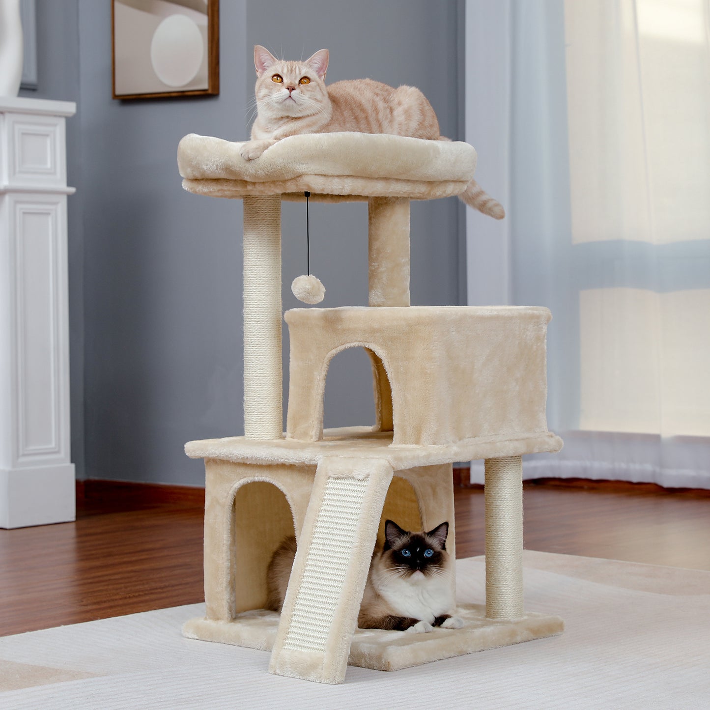 Cat Tree Luxury 34" Cat Tower with Double Condos, Spacious Perch, Scratching Sisal Posts, Dangling Balls - Beige