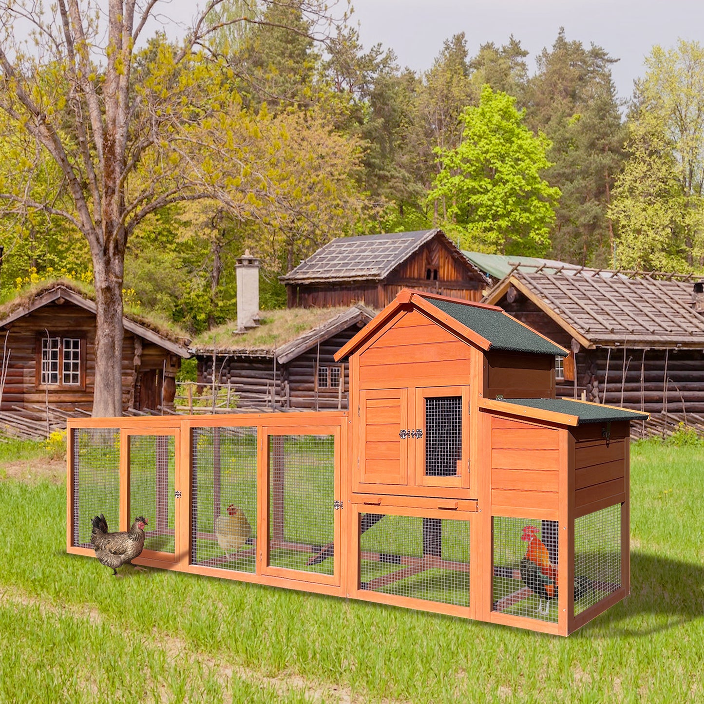 122" Large Wooden Chicken Coop | Outdoor Hen House with Nest Box & Wire Fence Poultry Cage | Spacious & Secure | Natural Wood Finish | 122" x [Dimensions]