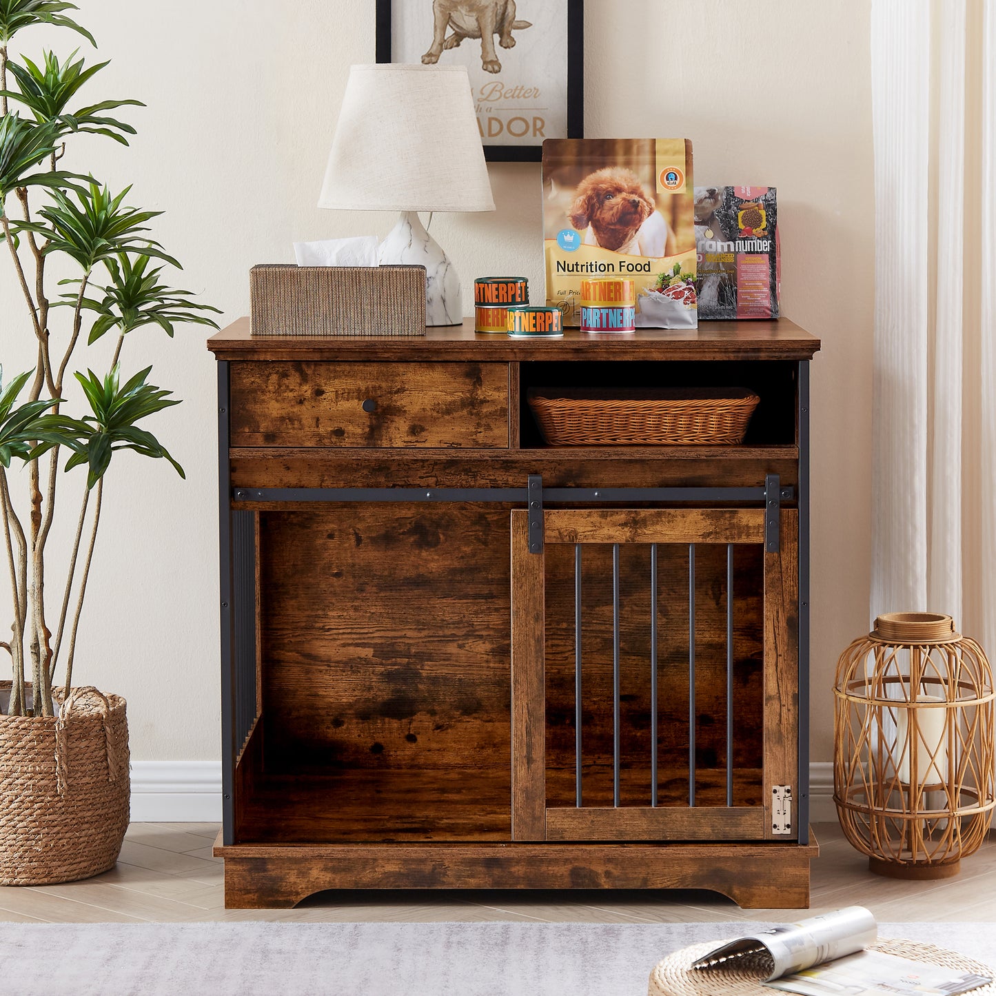 Sliding Door Dog Crate with Drawers - Rustic Brown, 35.43'' W x 23.62'' D x 33.46'' H: Stylish and Functional Pet Enclosure with Convenient Storage Space